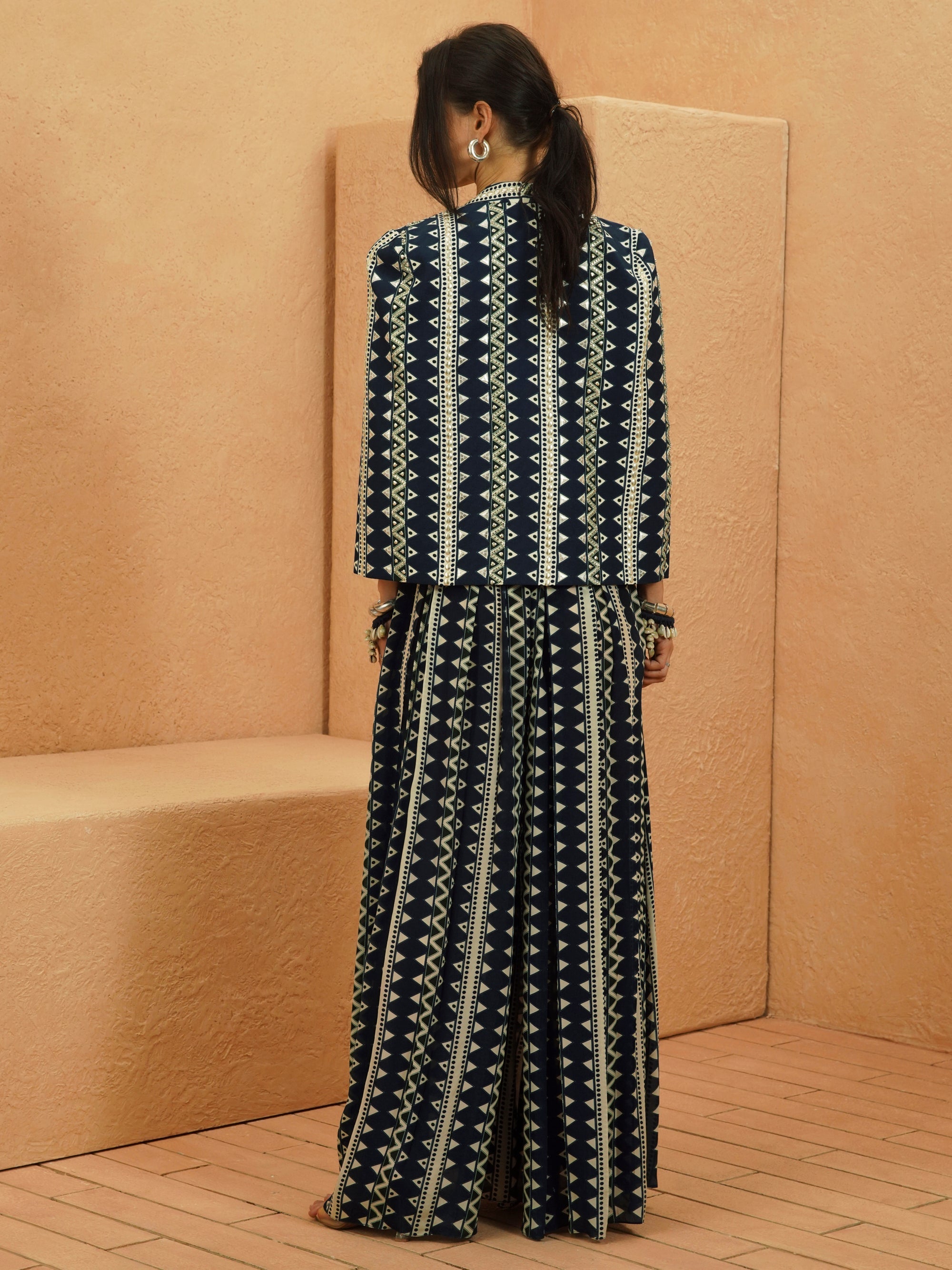 Noura Embellished Cape Jacket With Bustier And Flared Pant