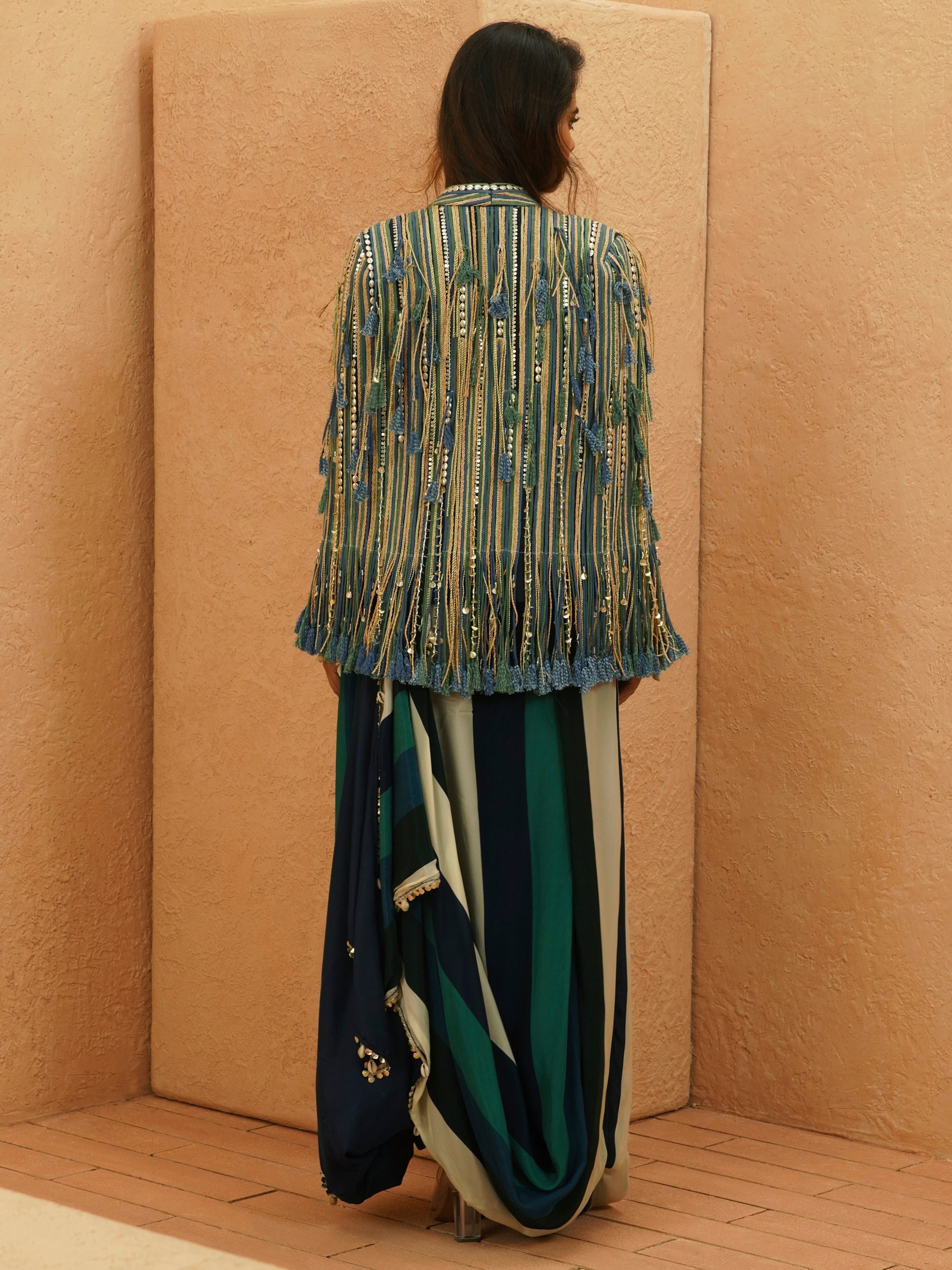 Nia Fringes Cape Jacket With Printed Drape Skirt And Bustier