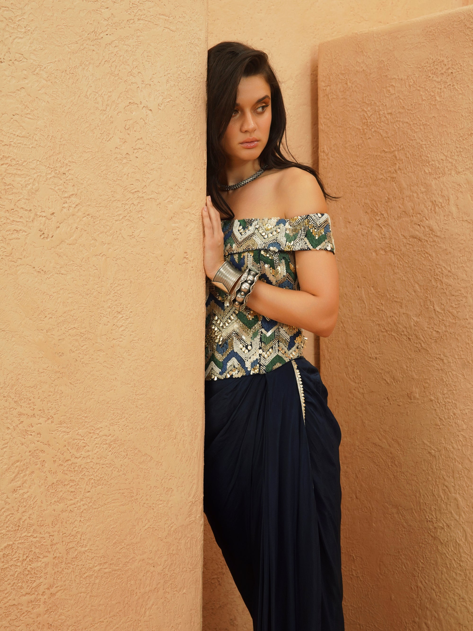 Taha Embellished Corset With Drape Skirt