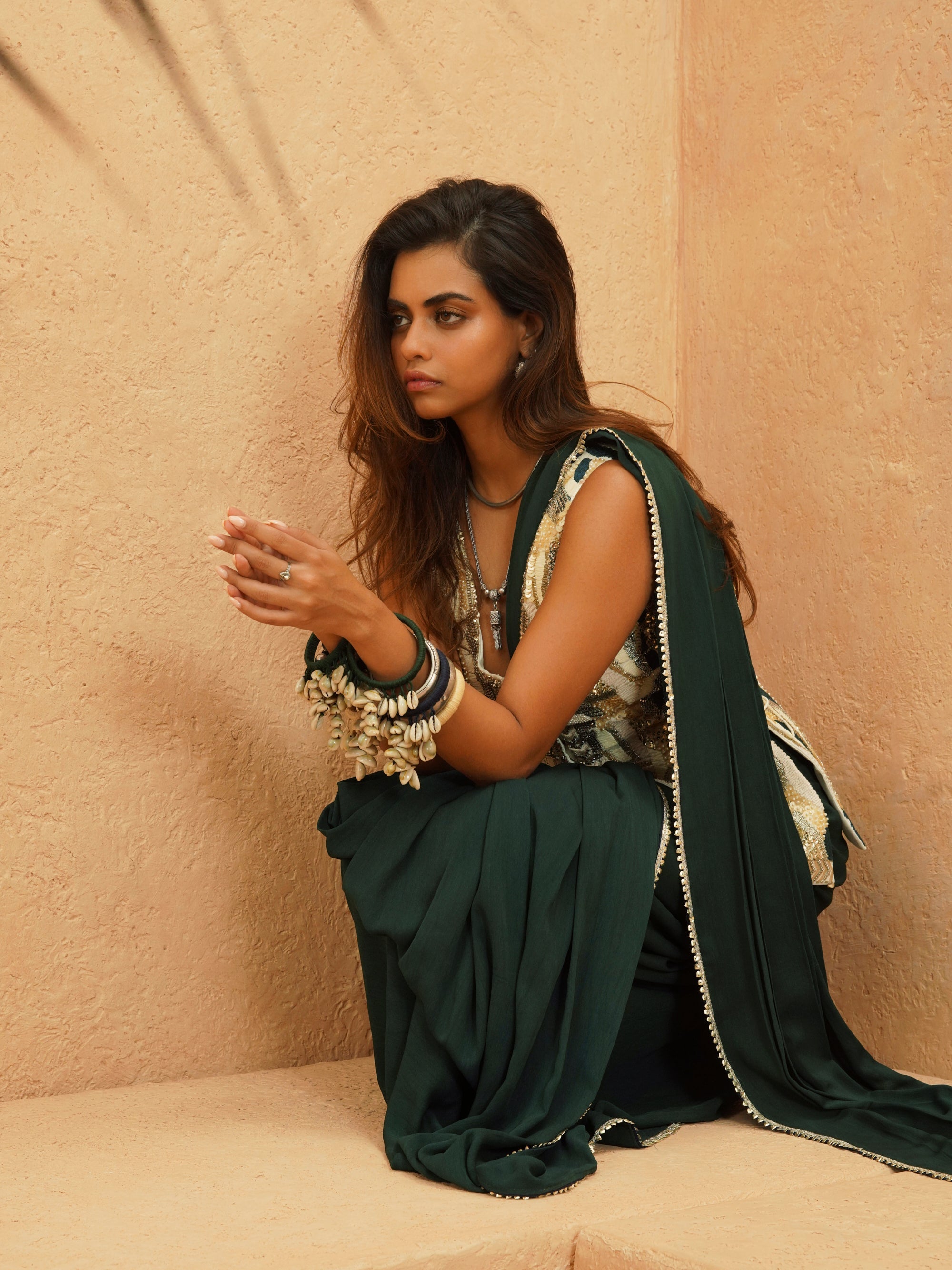 Zaynab Embellished Waistcoast With Emrald Drape Saree