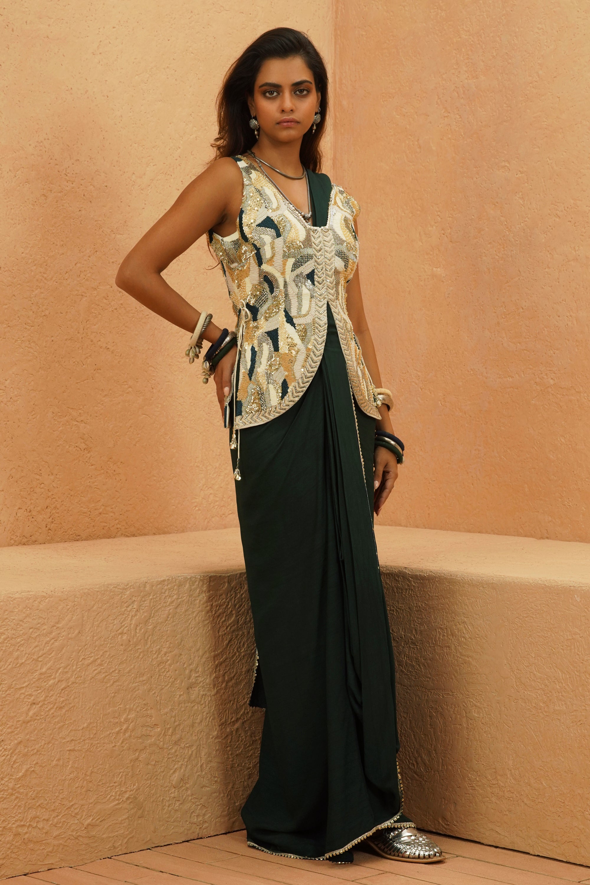 Zaynab Embellished Waistcoast With Emrald Drape Saree