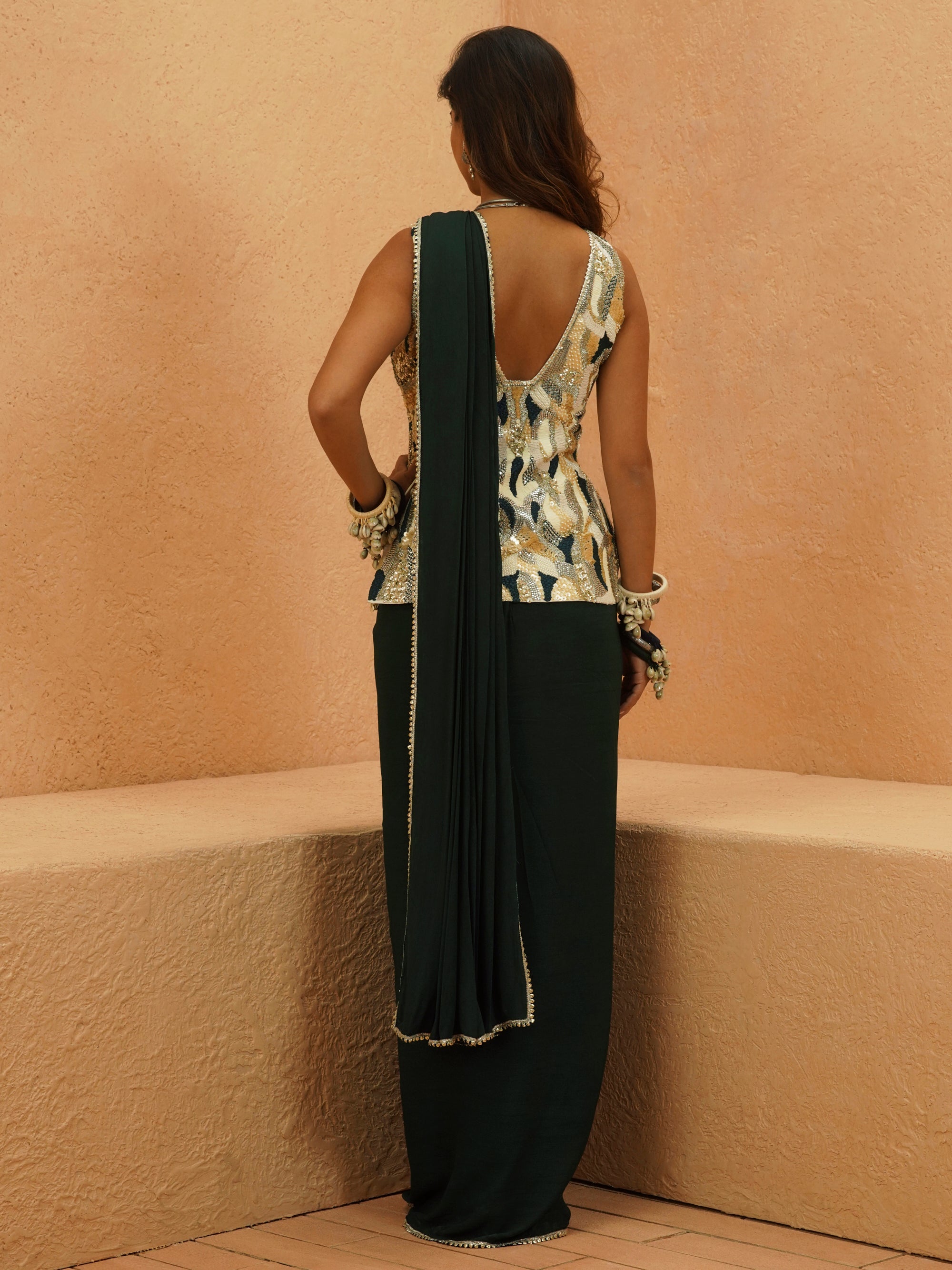 Zaynab Embellished Waistcoast With Emrald Drape Saree