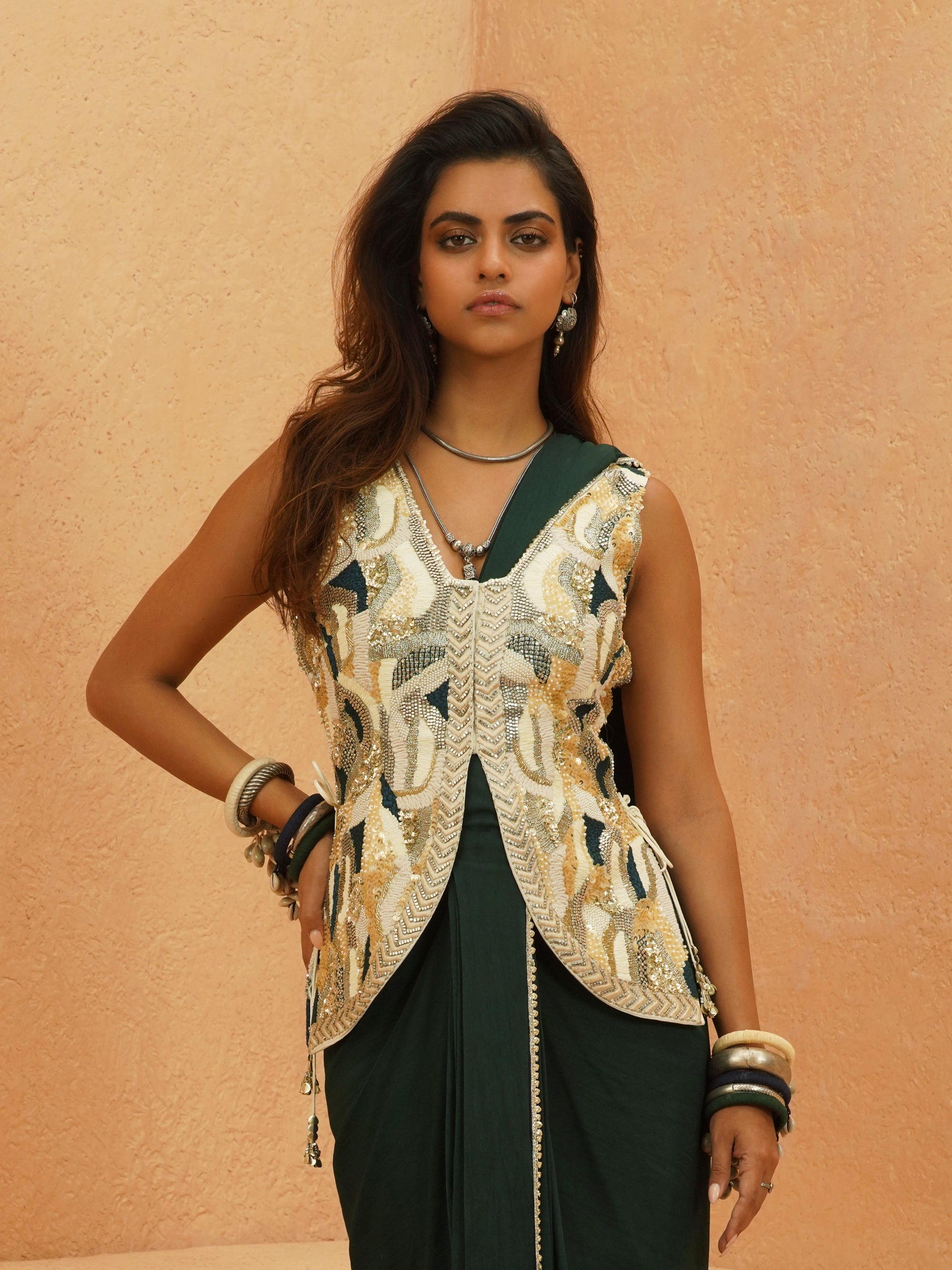 Zaynab Embellished Waistcoast With Emrald Drape Saree