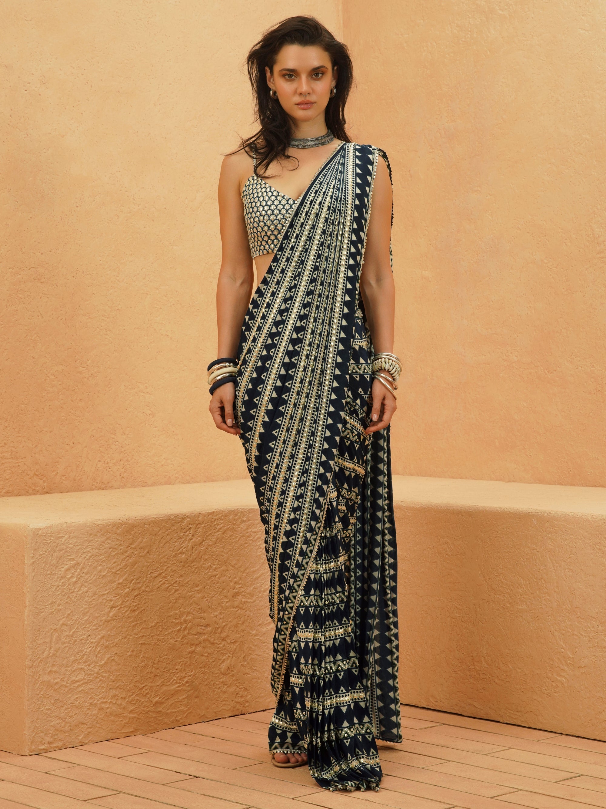 Fariha Embellished Saree With Metallic Blouse And Cape Jacket