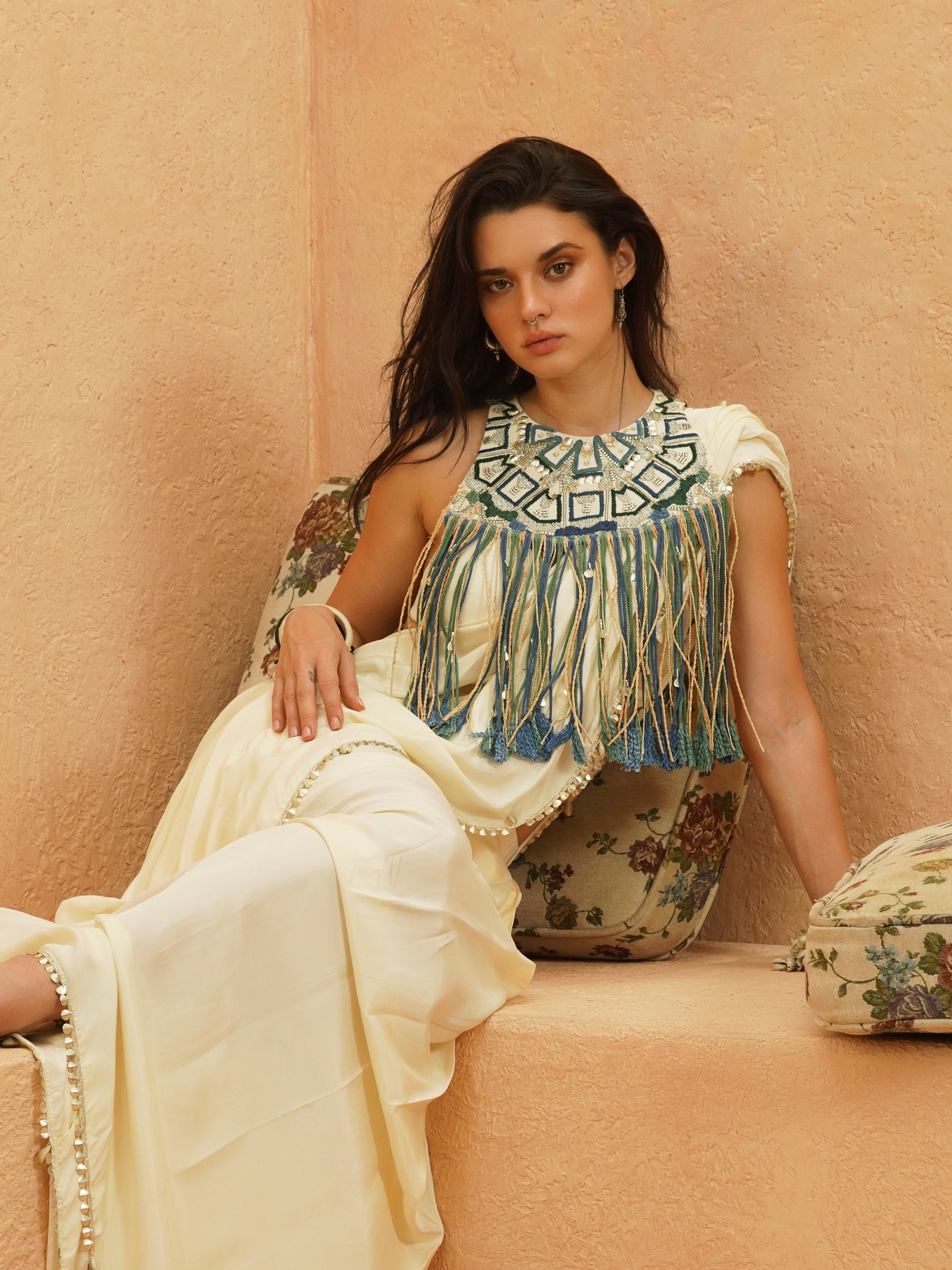 Sami Ivory Saree With Embellished Fringe Bib