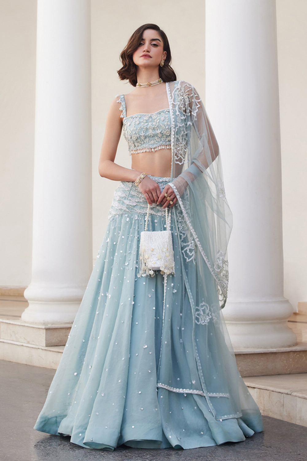 Powder Blue Organza Skirt And Bustier Set