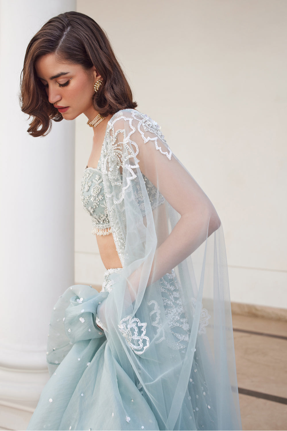 Powder Blue Organza Skirt And Bustier Set