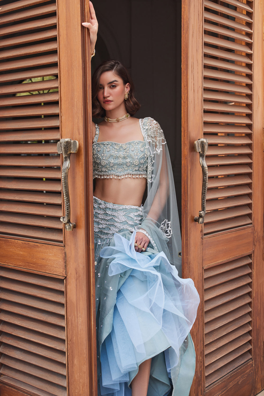 Powder Blue Organza Skirt And Bustier Set
