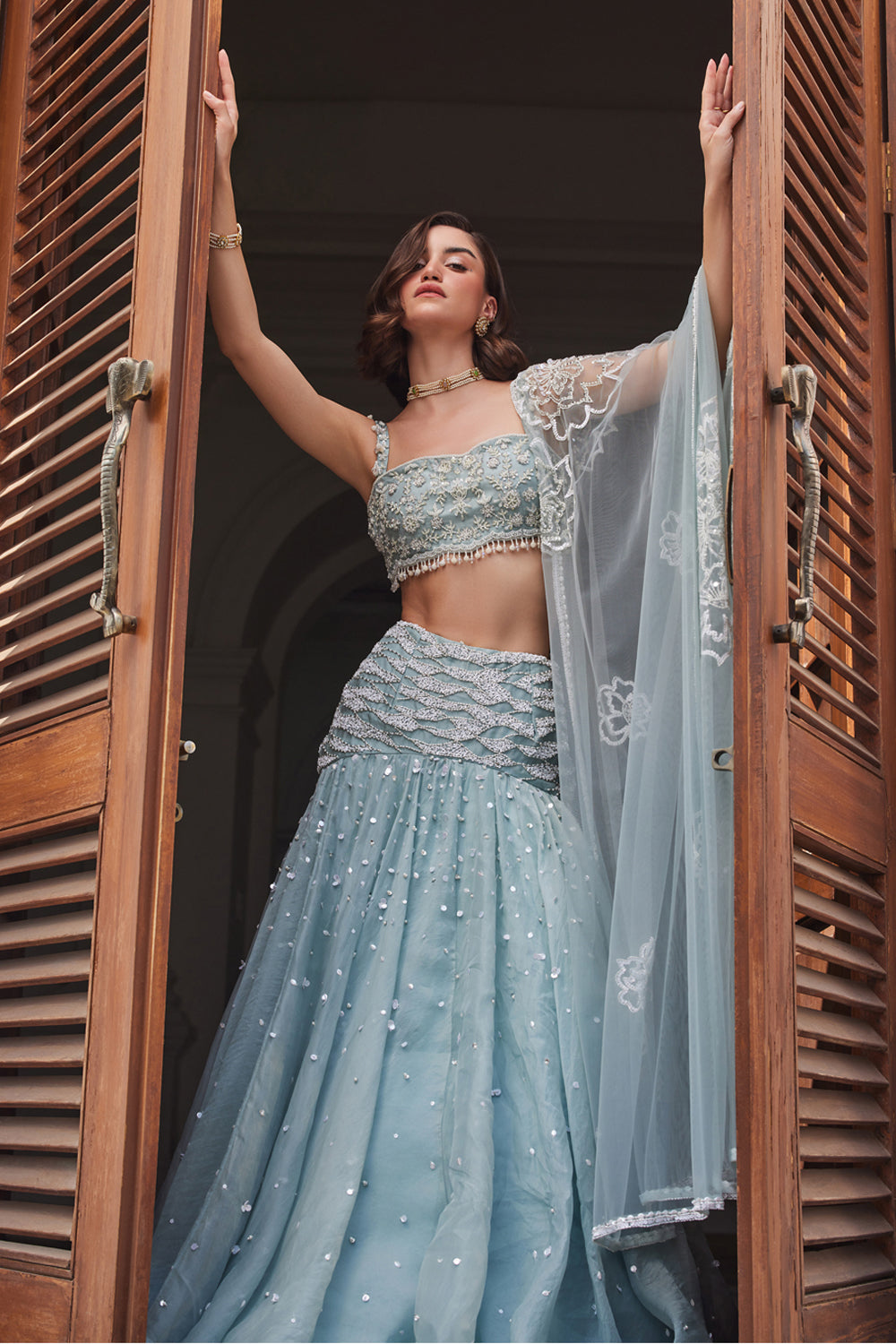 Powder Blue Organza Skirt And Bustier Set