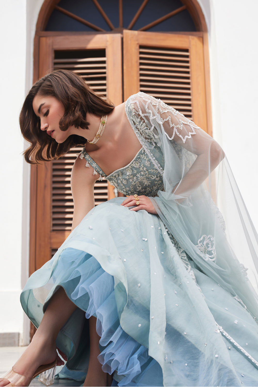 Powder Blue Organza Skirt And Bustier Set