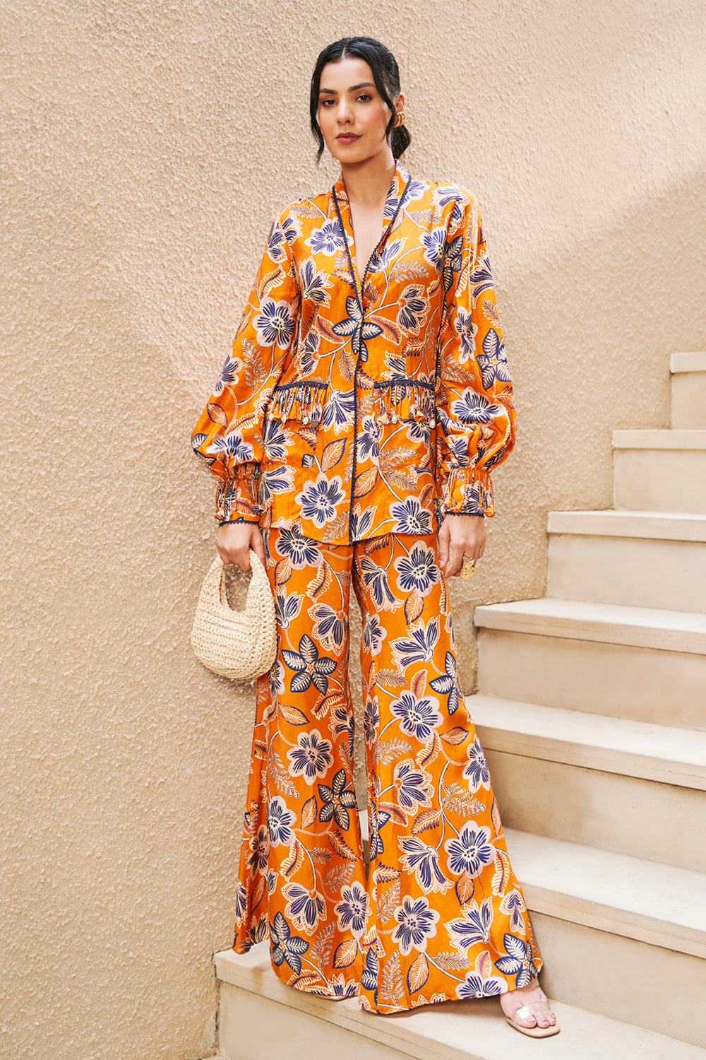Rust Floral Print Summer Jacket With Pants