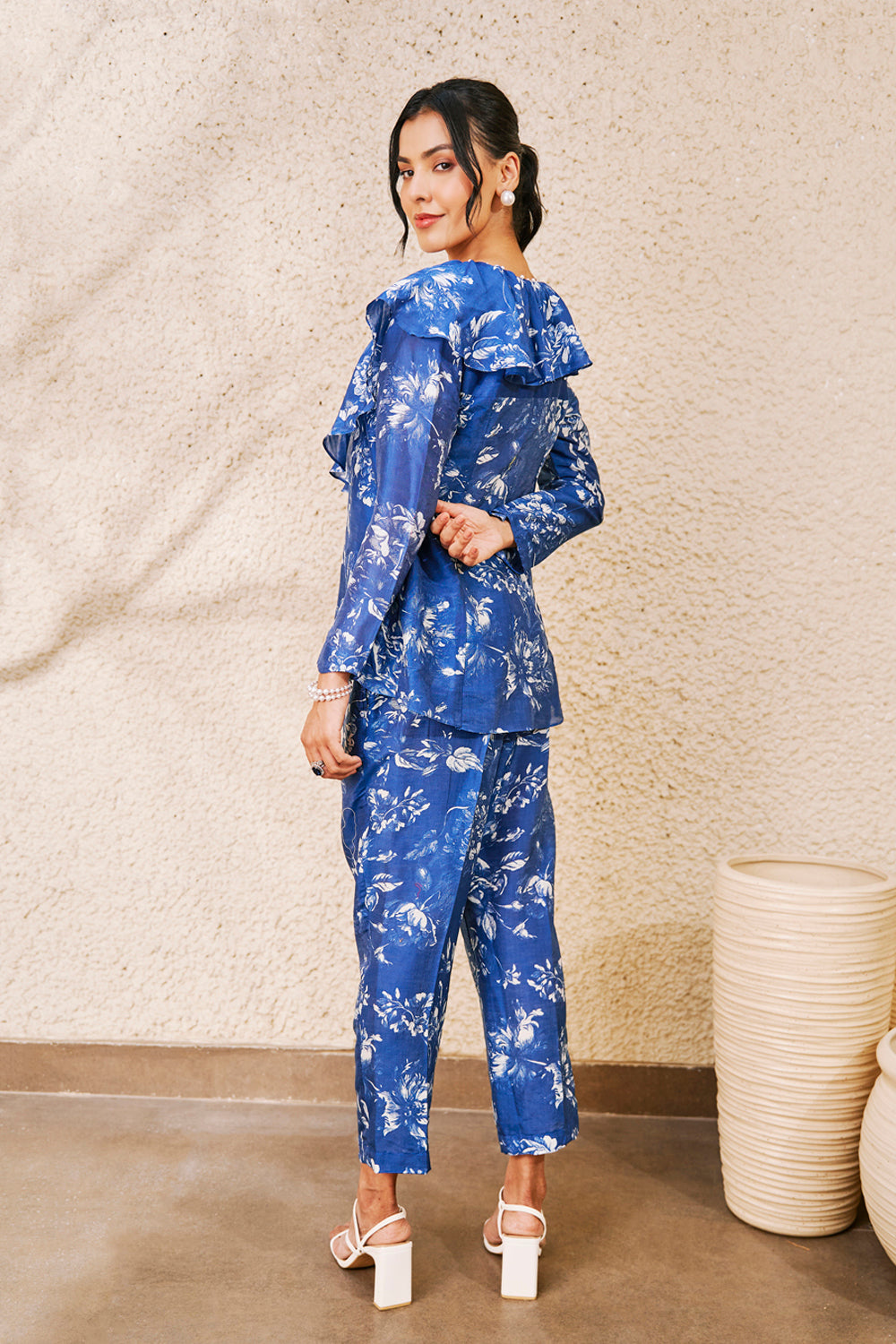Blue And White Floral Printed Peplum And Pants Set