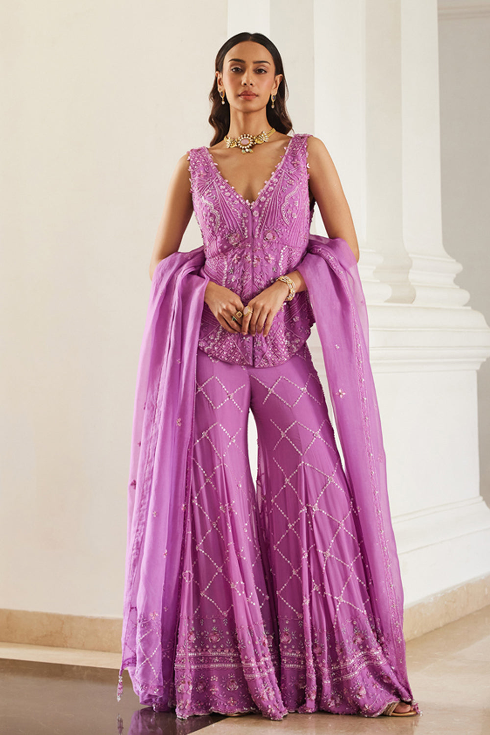 Bubblegum Pink Tonal Peplum Sharara Set
