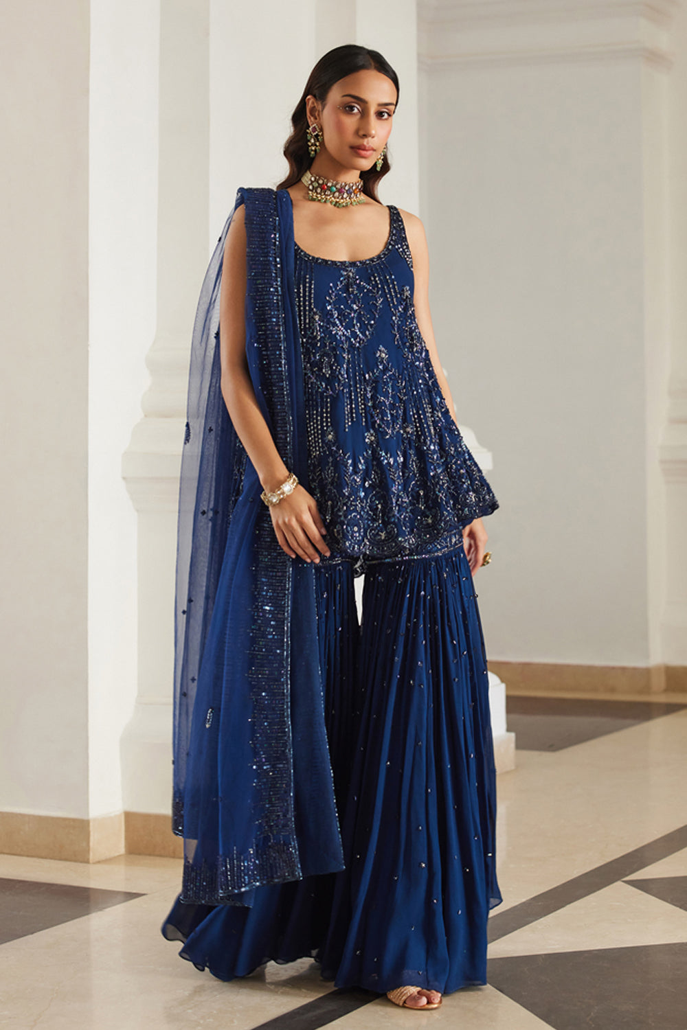 Teal Blue Biased Kurta With Sharara Set