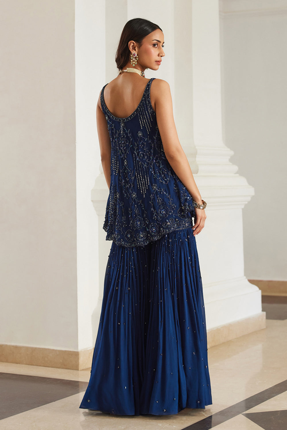 Teal Blue Biased Kurta With Sharara Set