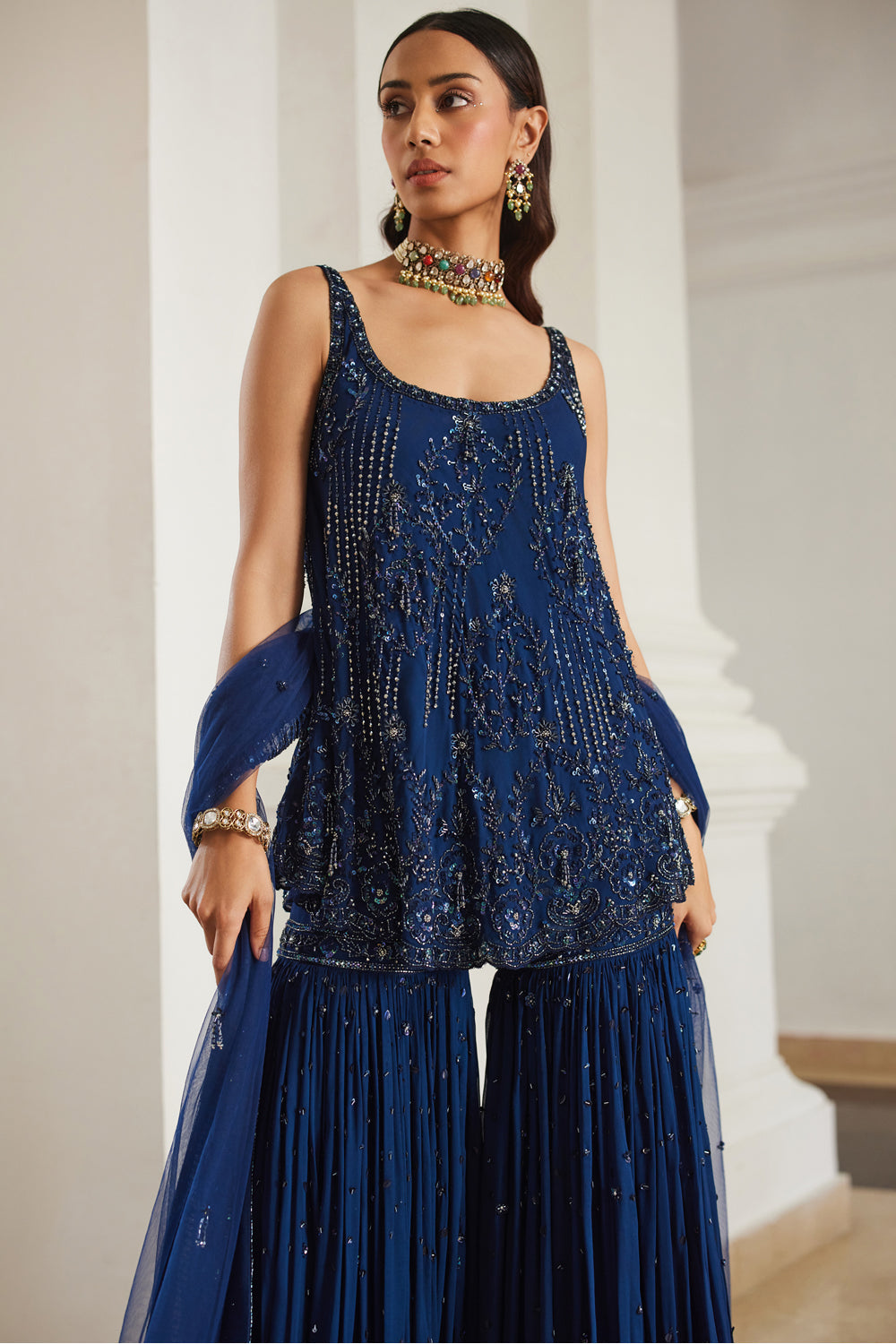 Teal Blue Biased Kurta With Sharara Set