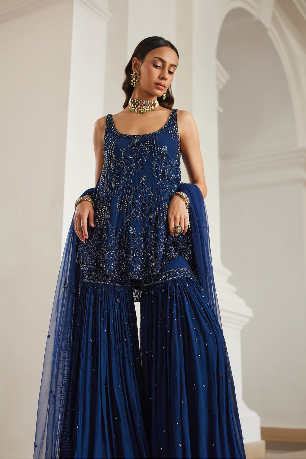 Teal Blue Biased Kurta With Sharara Set