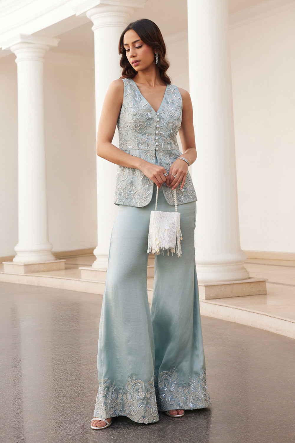 Powder Blue Peplum And Pants Set