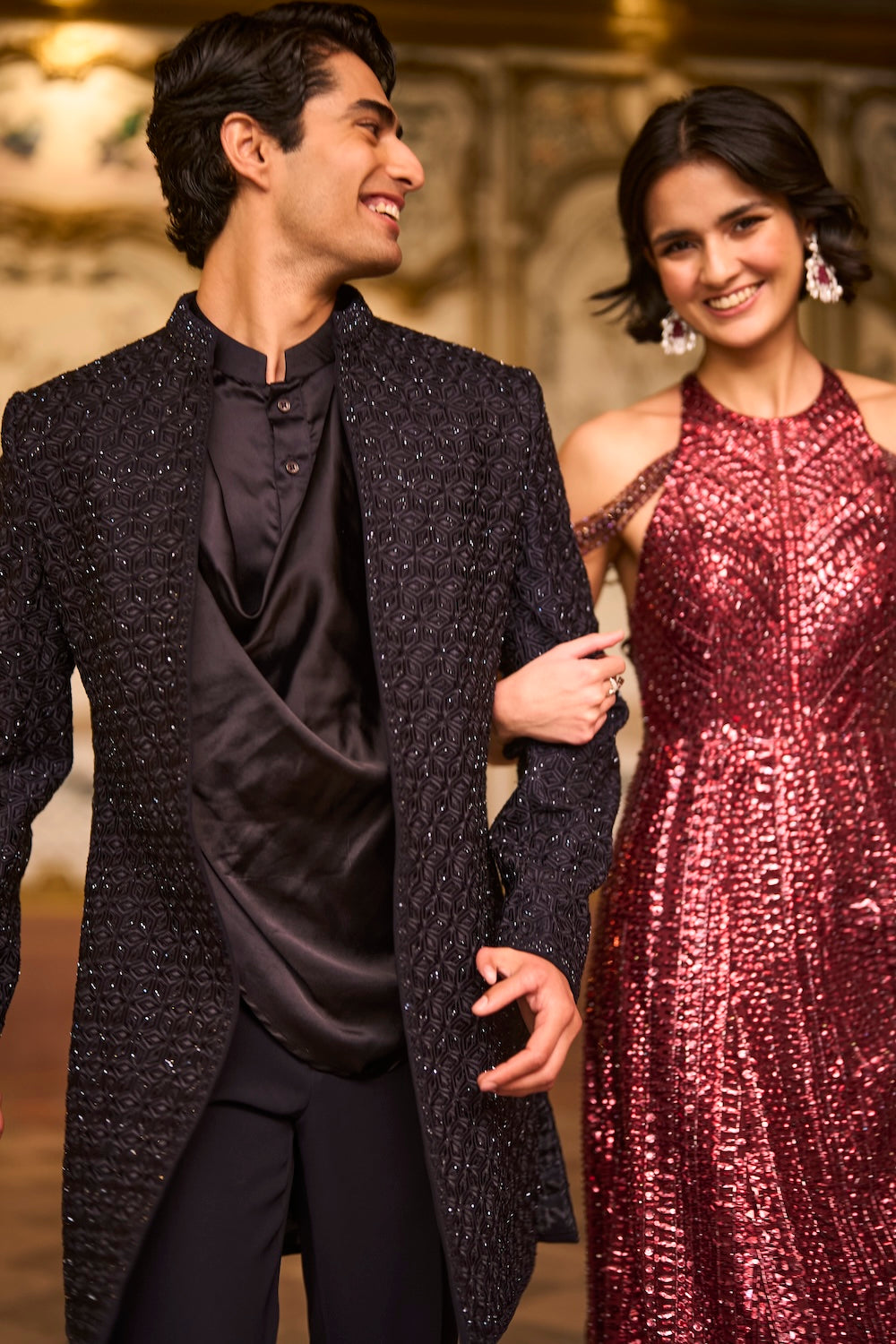 Maroon Sequin Halter Neck Gown