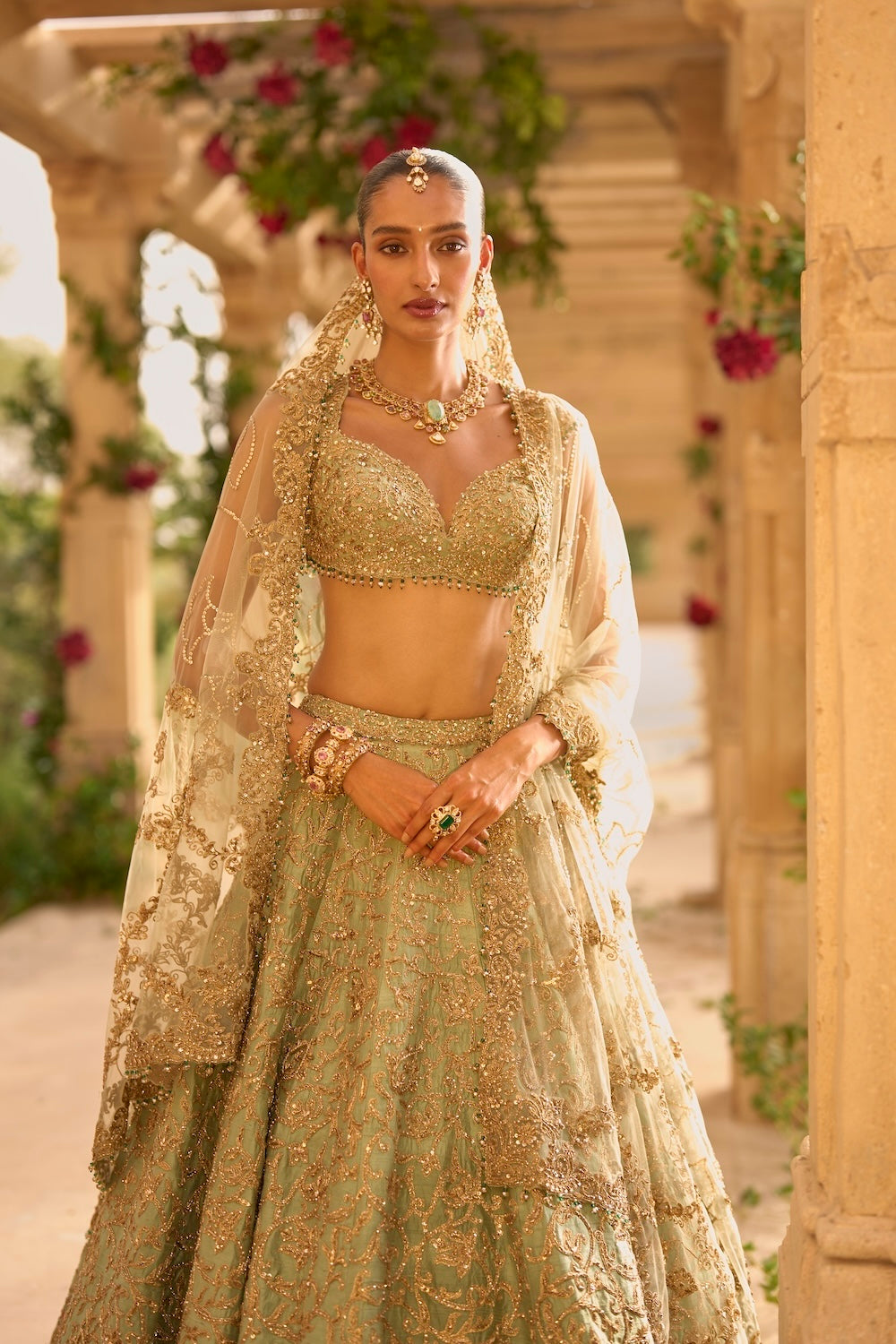 Sage Green Applique Work Lehenga Set