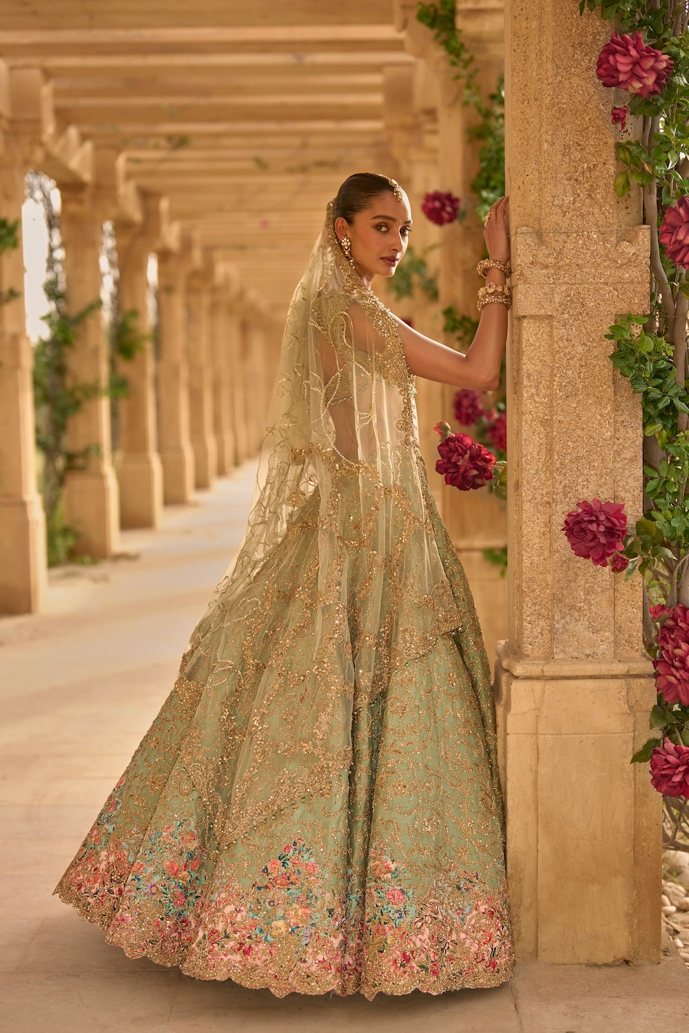 Sage Green Applique Work Lehenga Set
