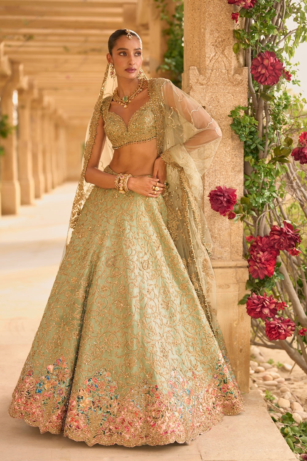 Sage Green Applique Work Lehenga Set