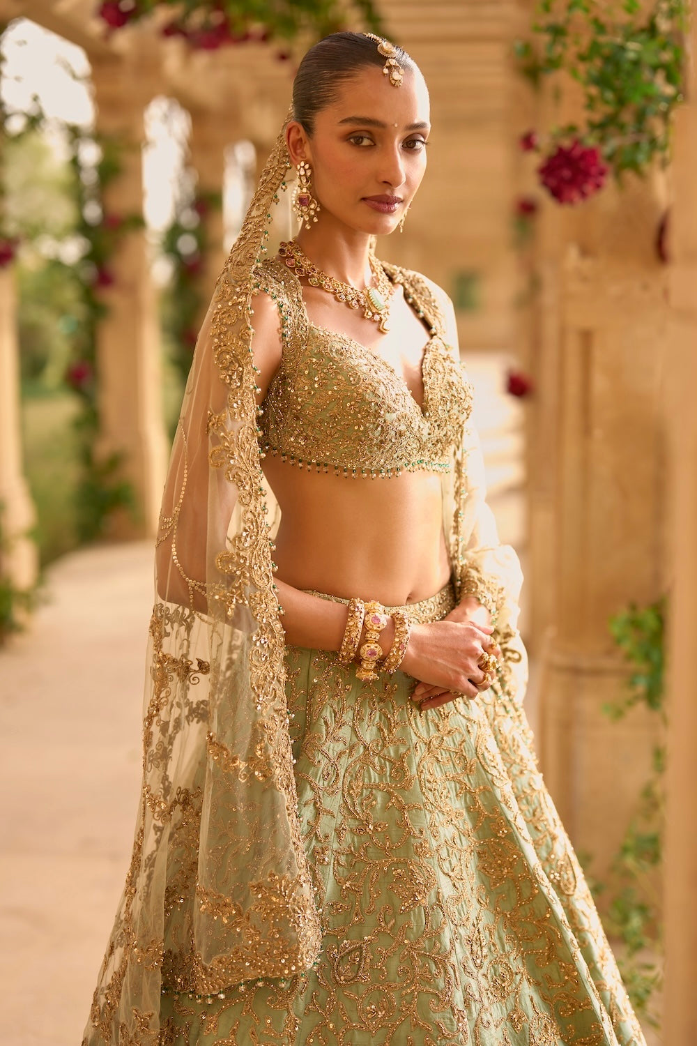 Sage Green Applique Work Lehenga Set