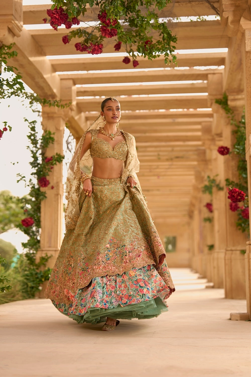 Sage Green Applique Work Lehenga Set
