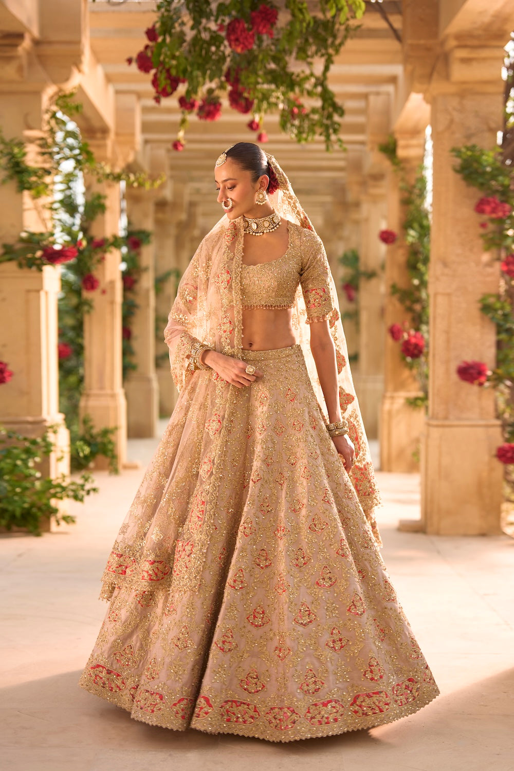 Nude Gold Applique Work Lehenga Set