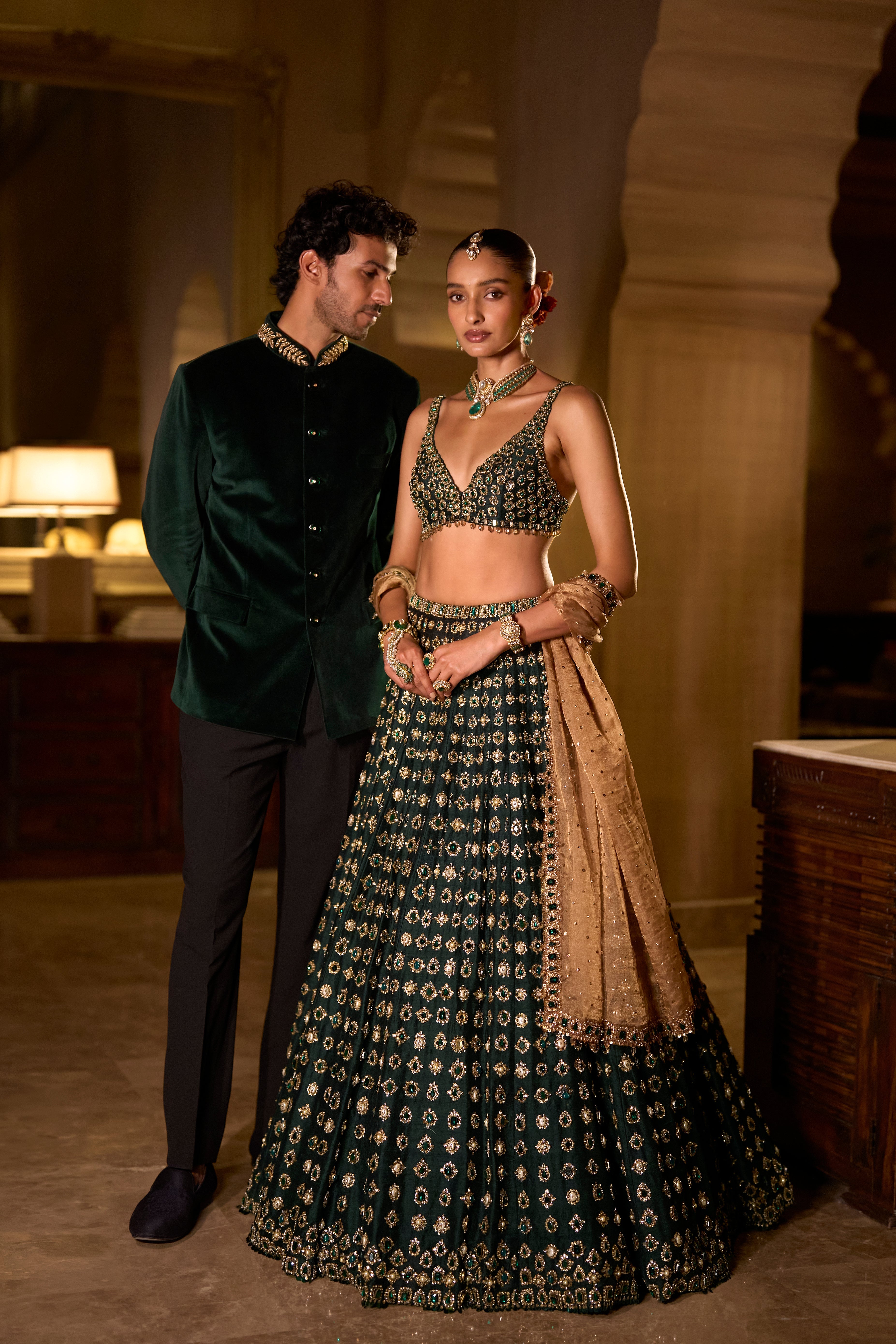 Emerald Green Velvet Bandhgala Set