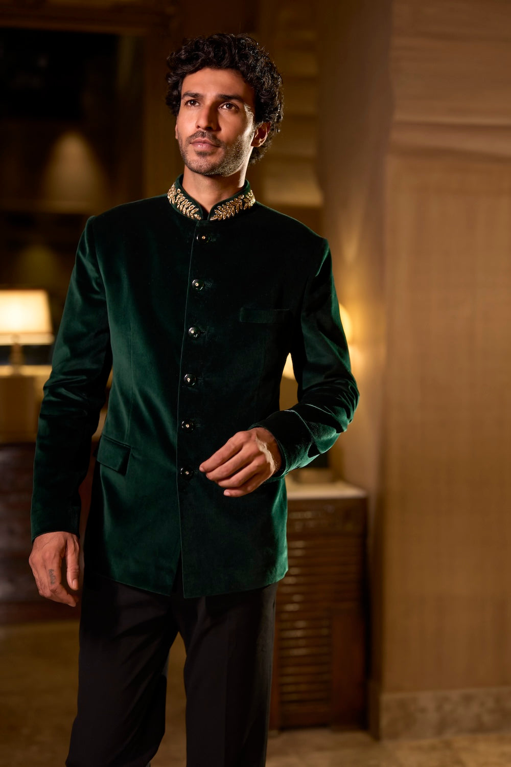 Emerald Green Velvet Bandhgala Set