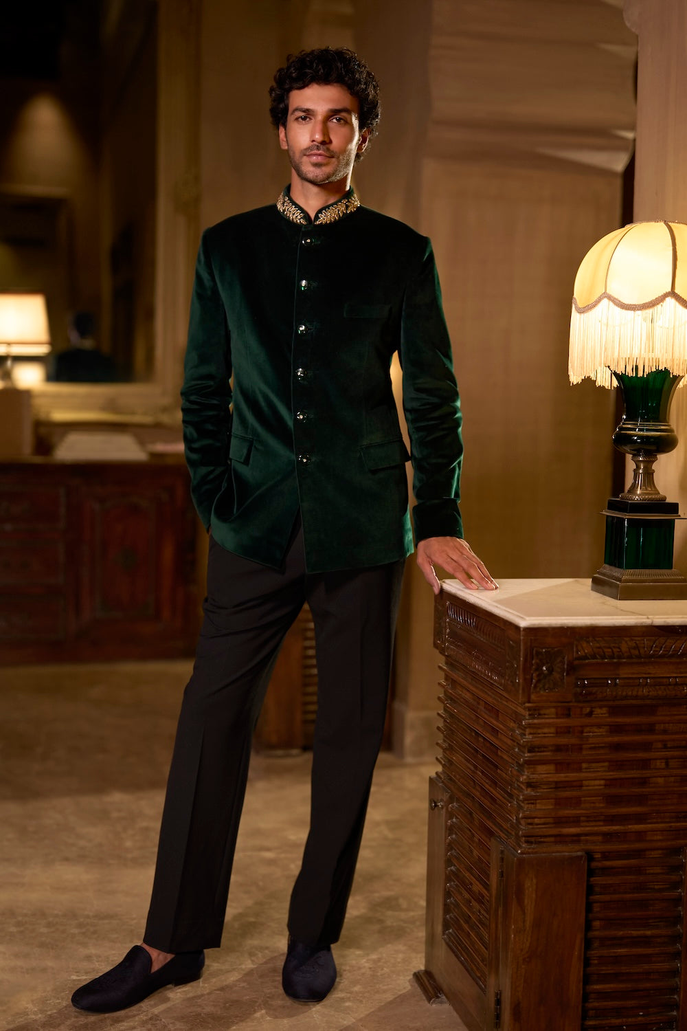 Emerald Green Velvet Bandhgala Set