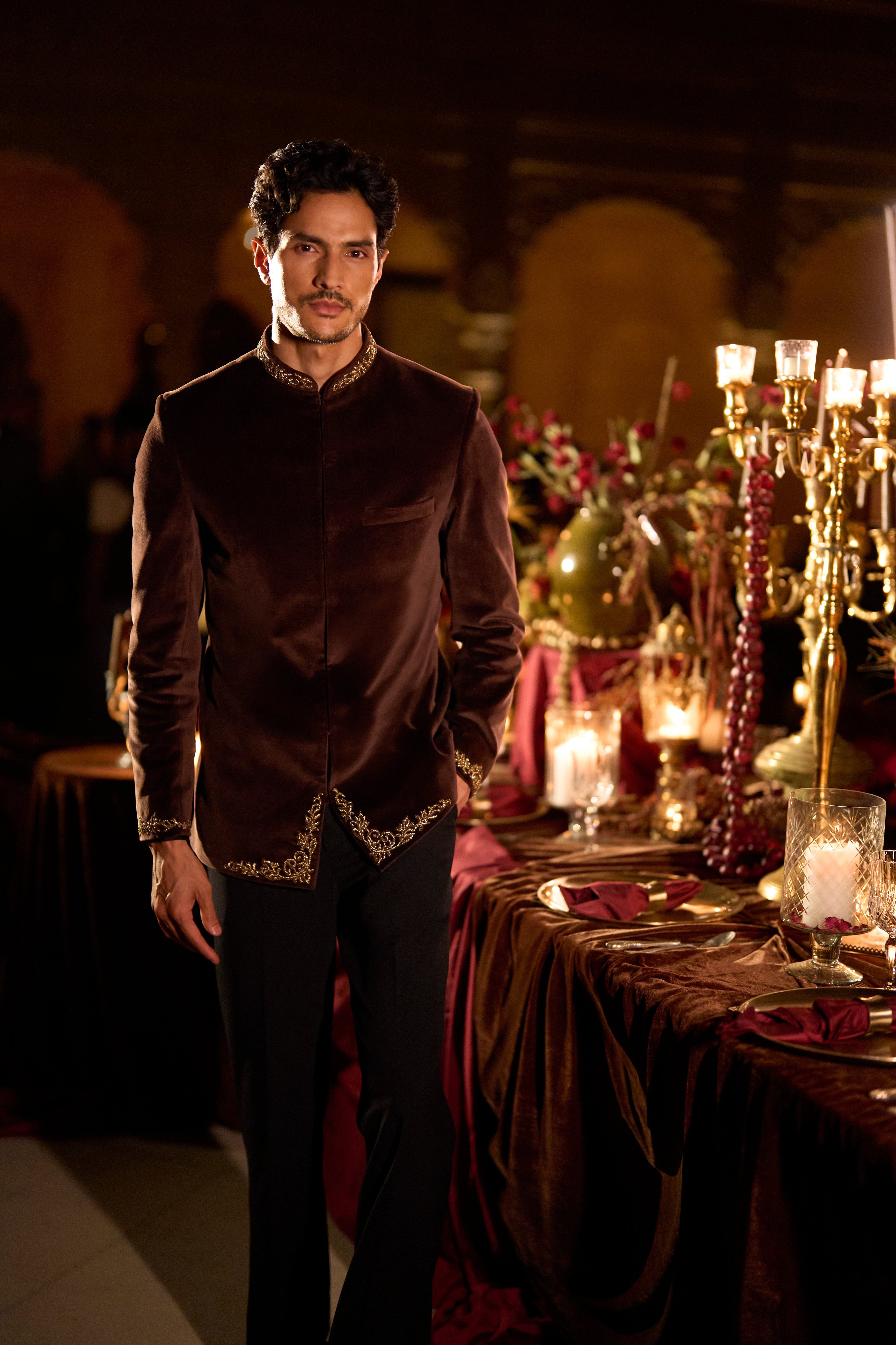 Brown Velvet Bandhgala Set