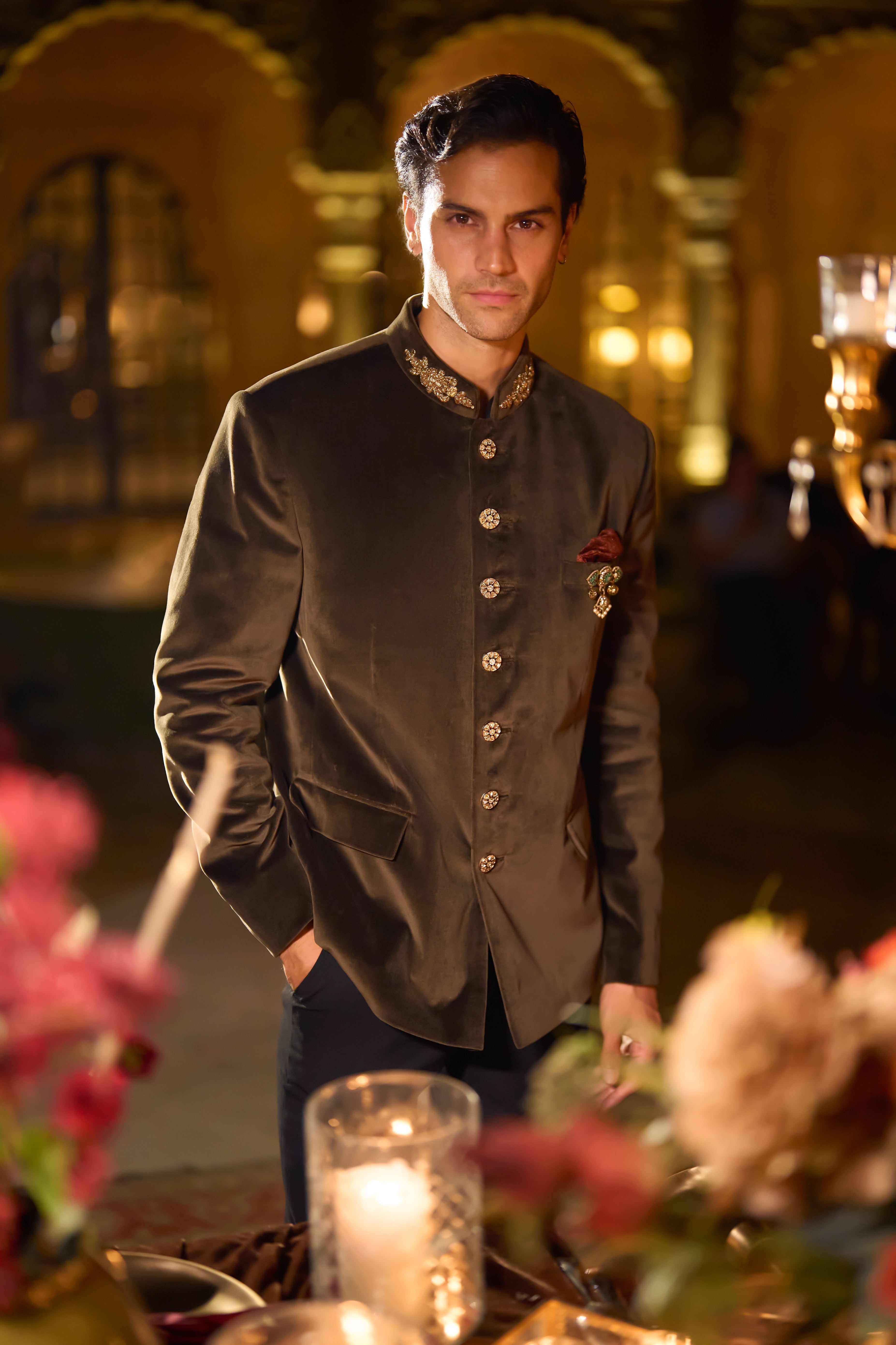 Olive Green Velvet Bandhgala Set