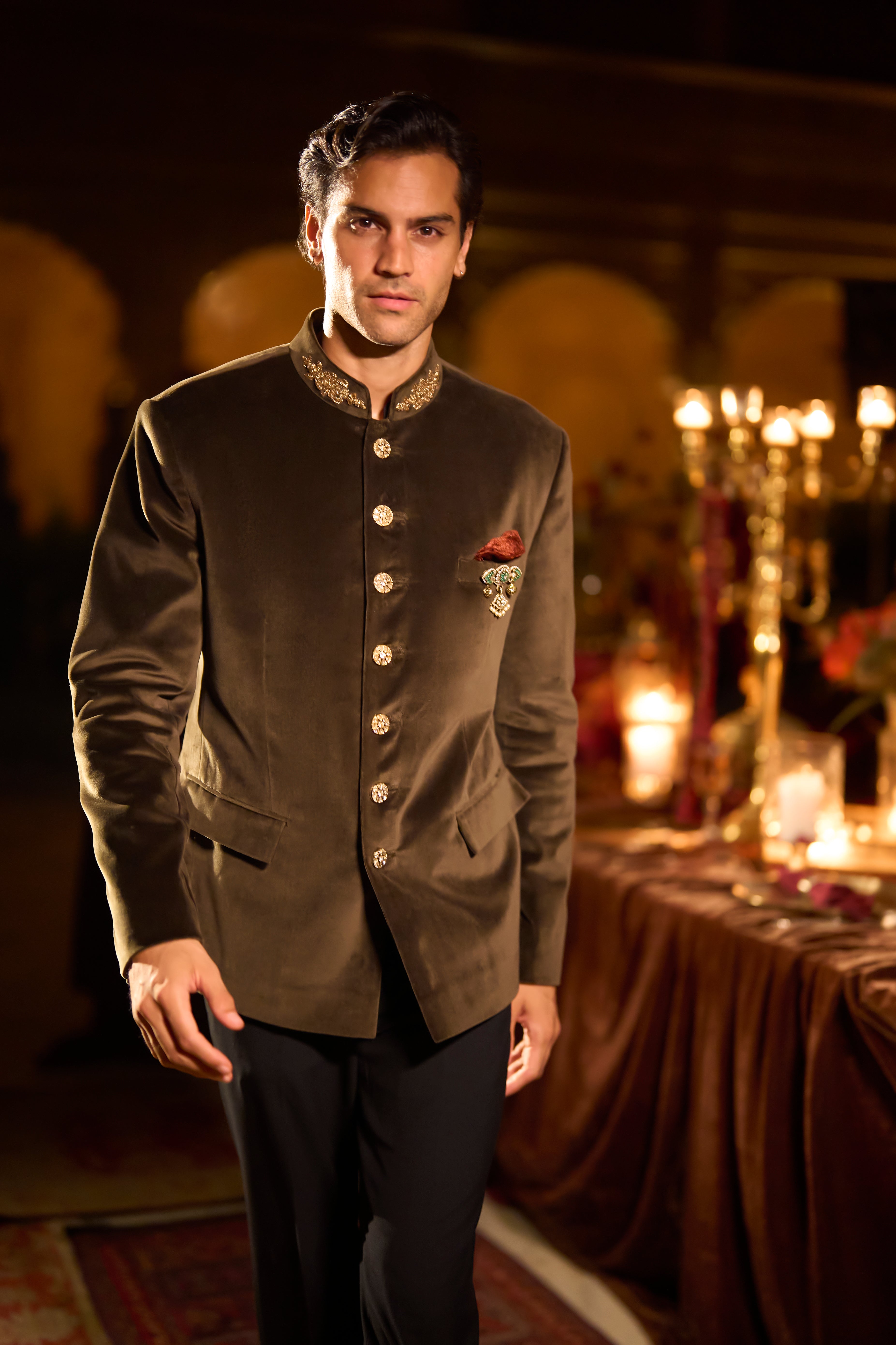 Olive Green Velvet Bandhgala Set