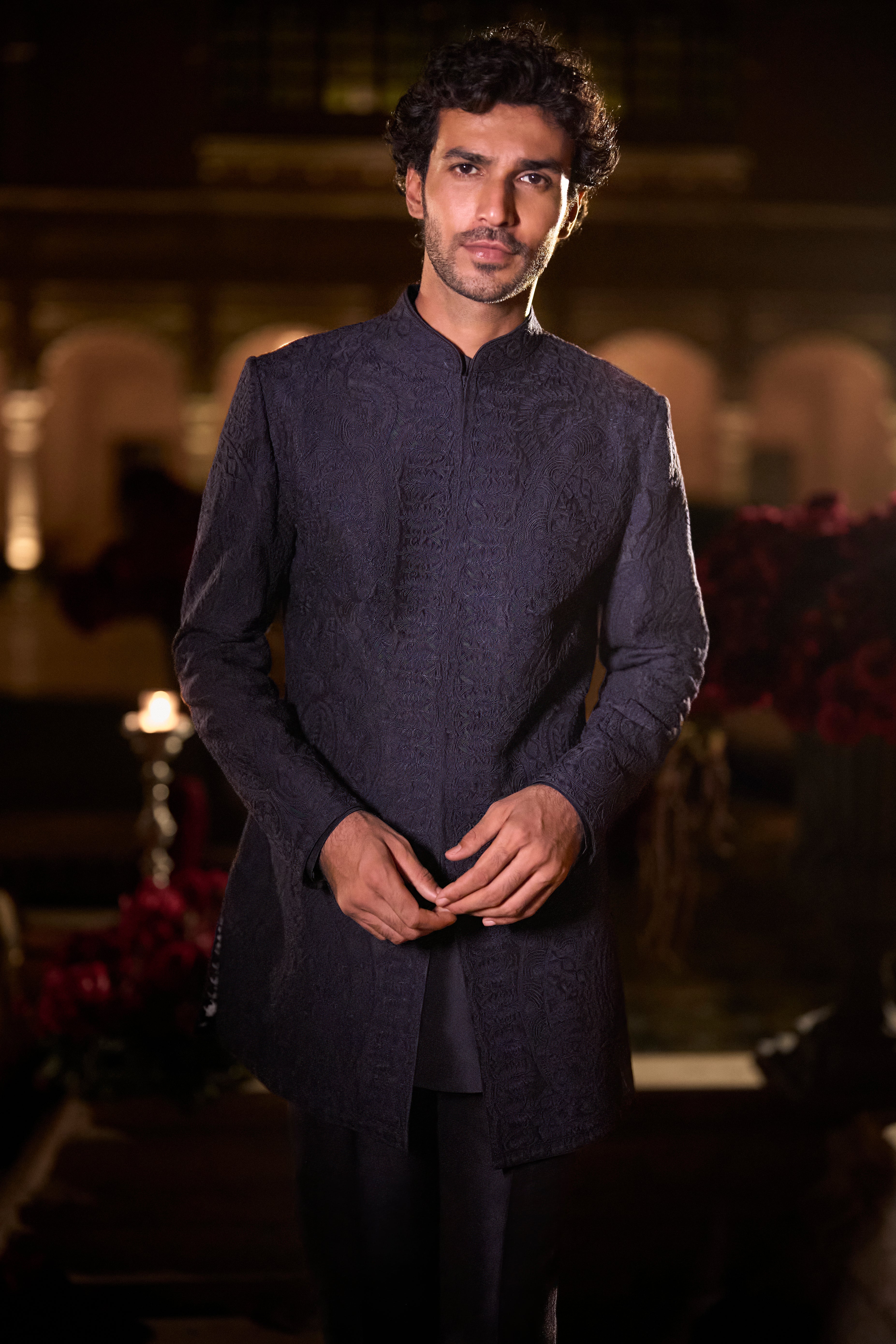 Navy Blue Abstract Sherwani Set