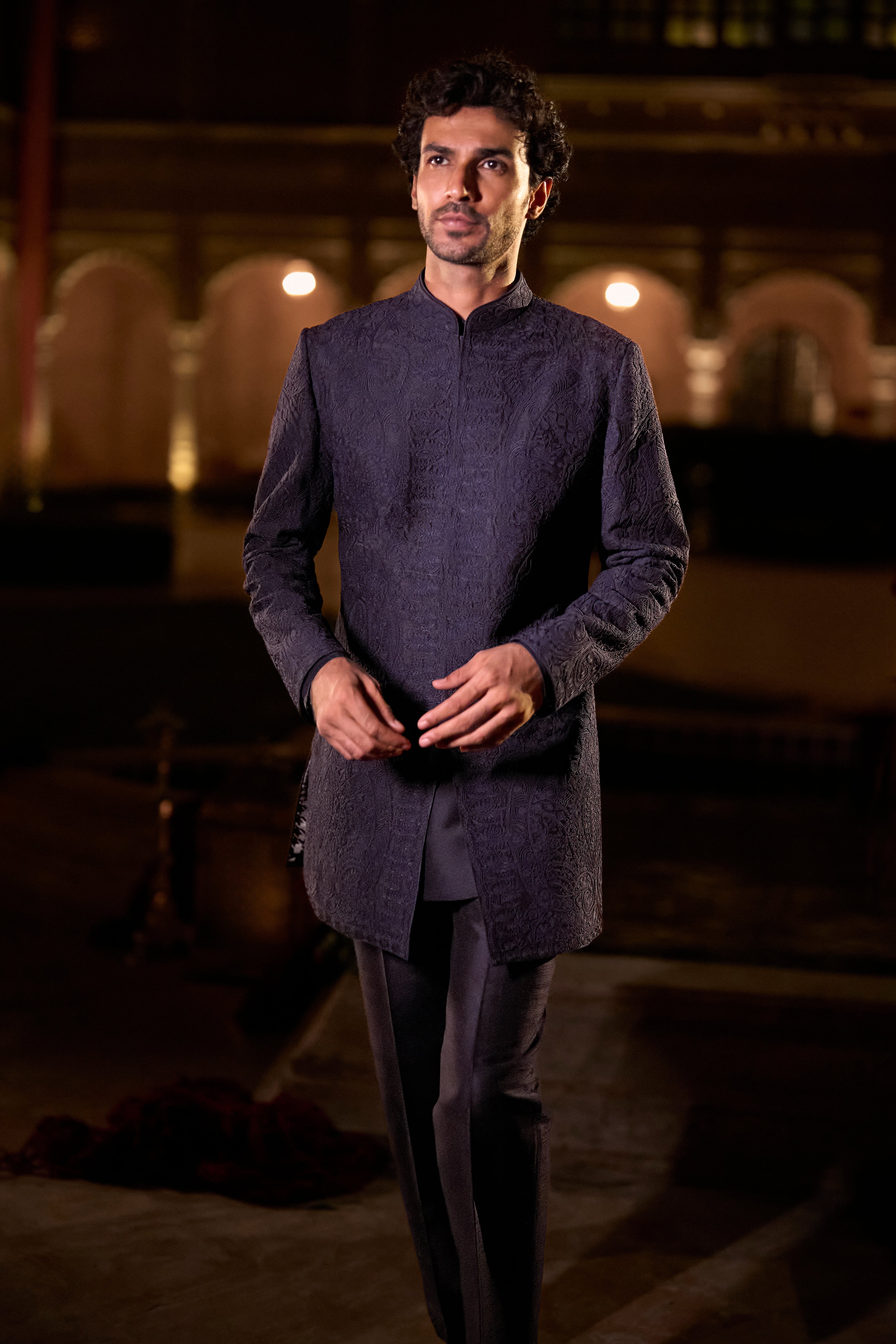 Navy Blue Abstract Sherwani Set