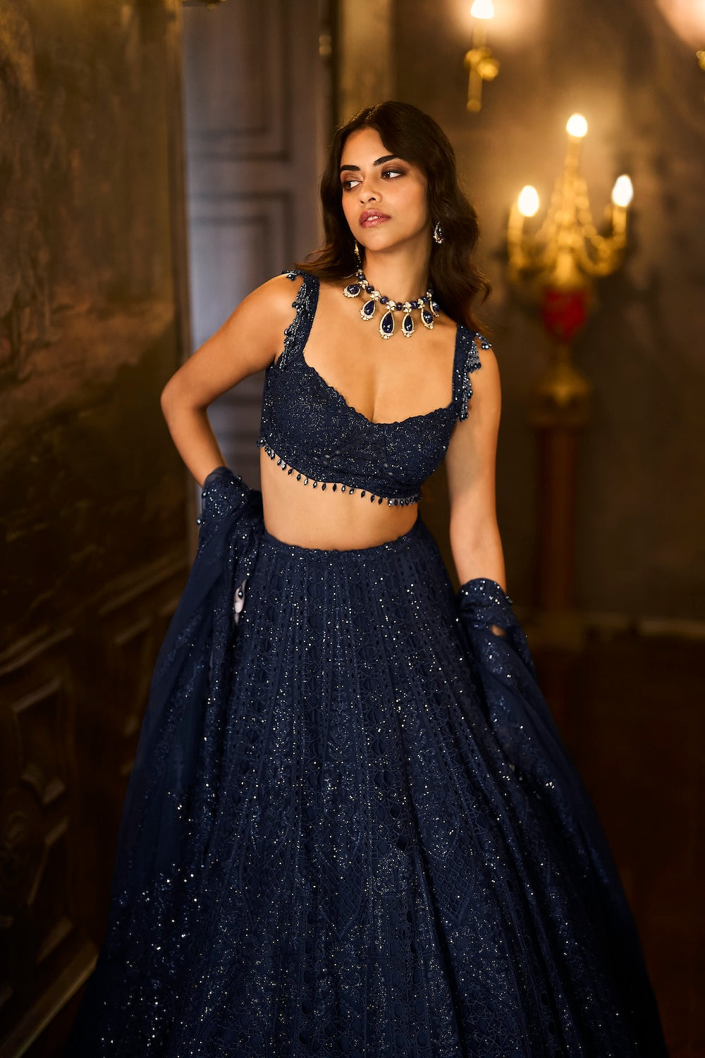 Navy Crystal Lehenga Set