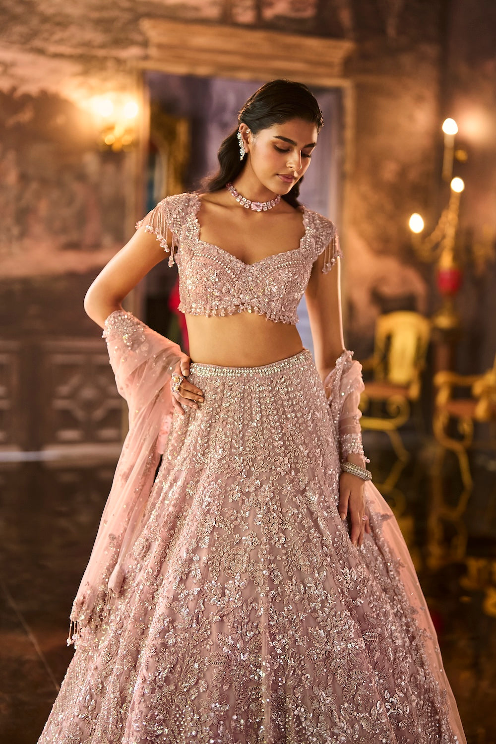 Dusty Peach Sequin Lehenga Set
