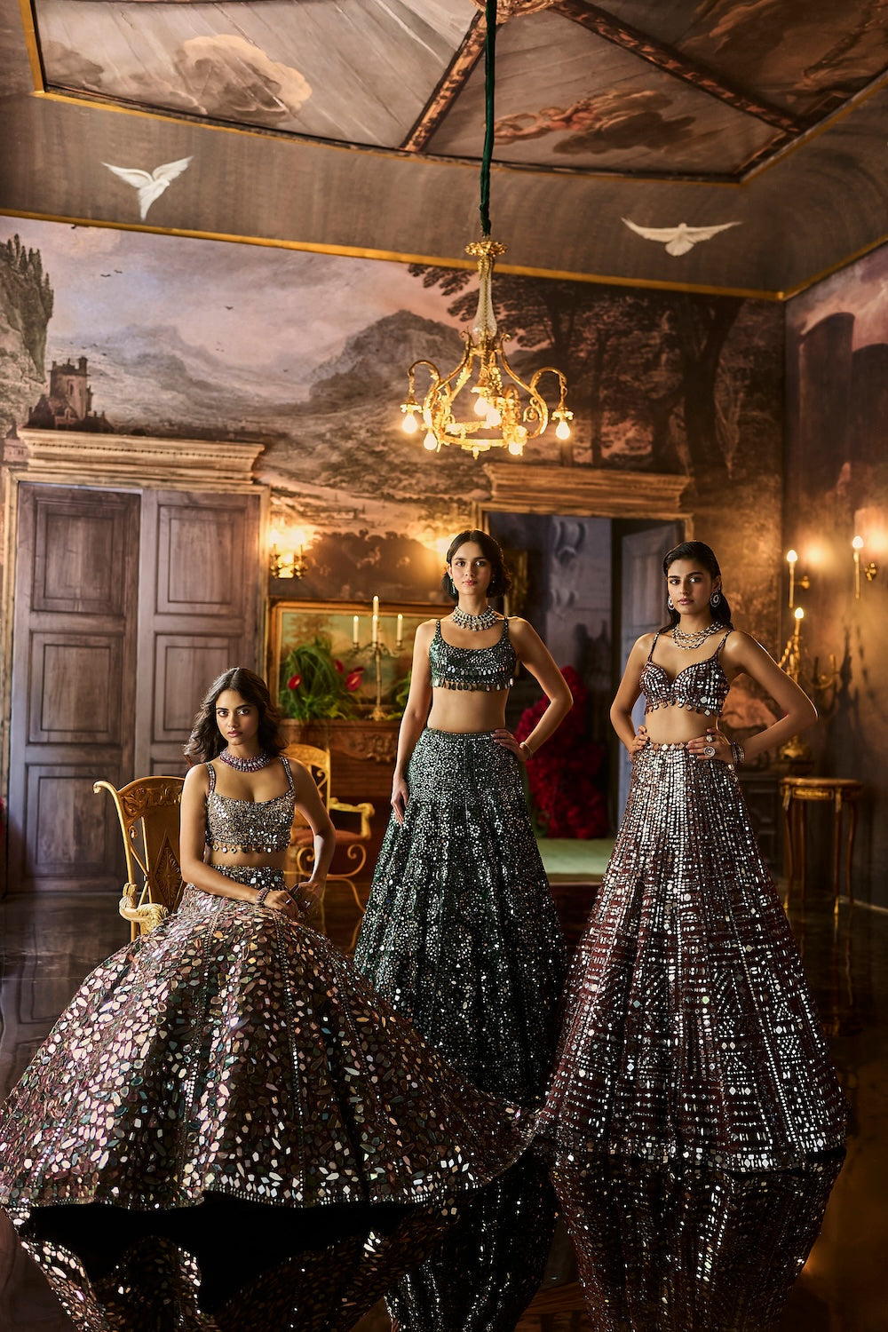 Dark Green Mirror Work Lehenga Set