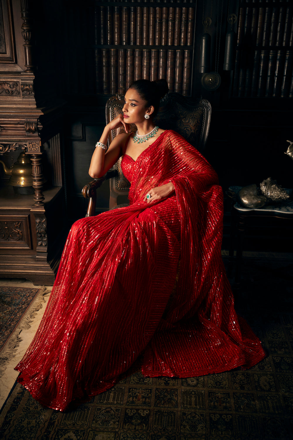 Red Sequin Net Saree