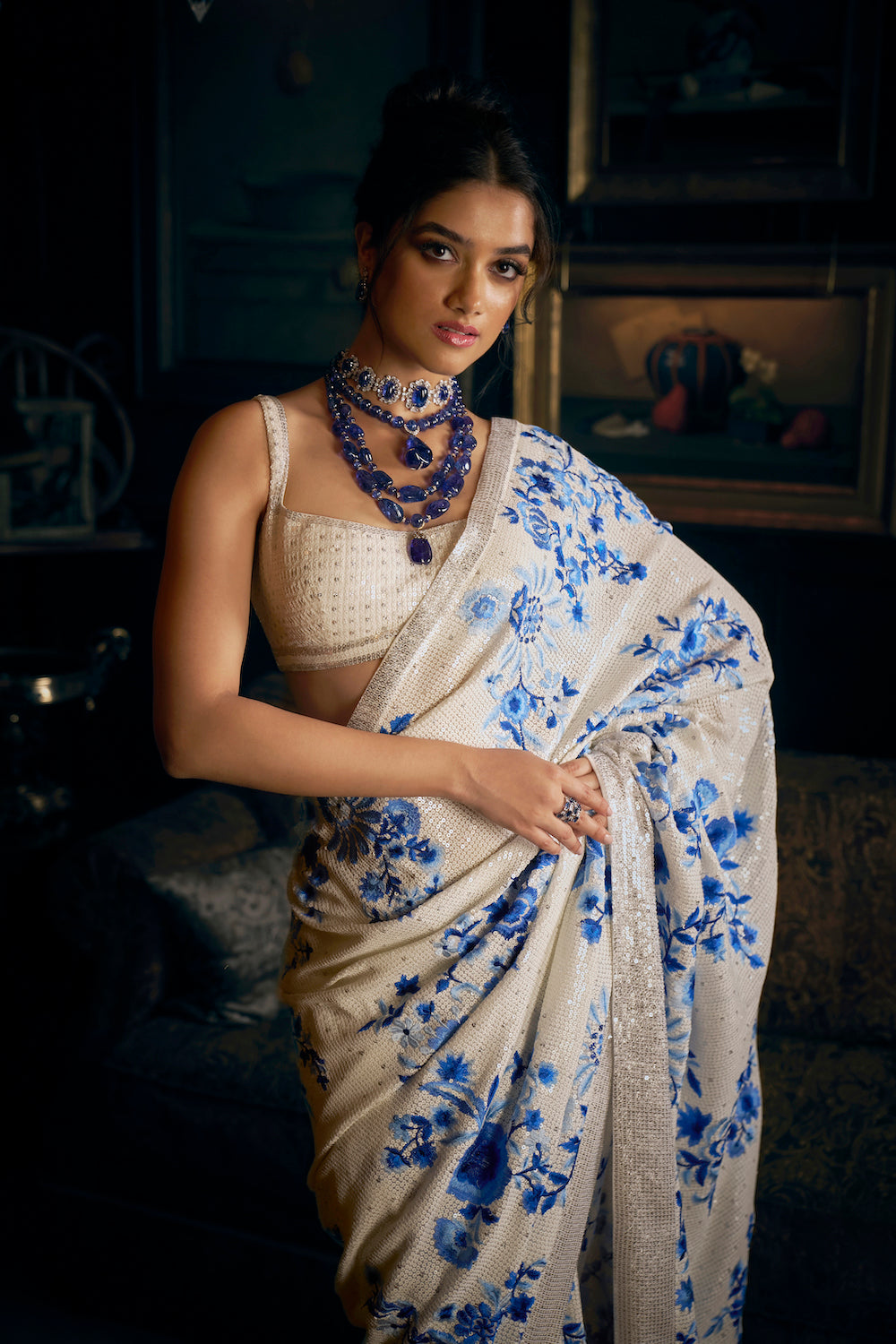 Ivory & Blue Sequin Saree