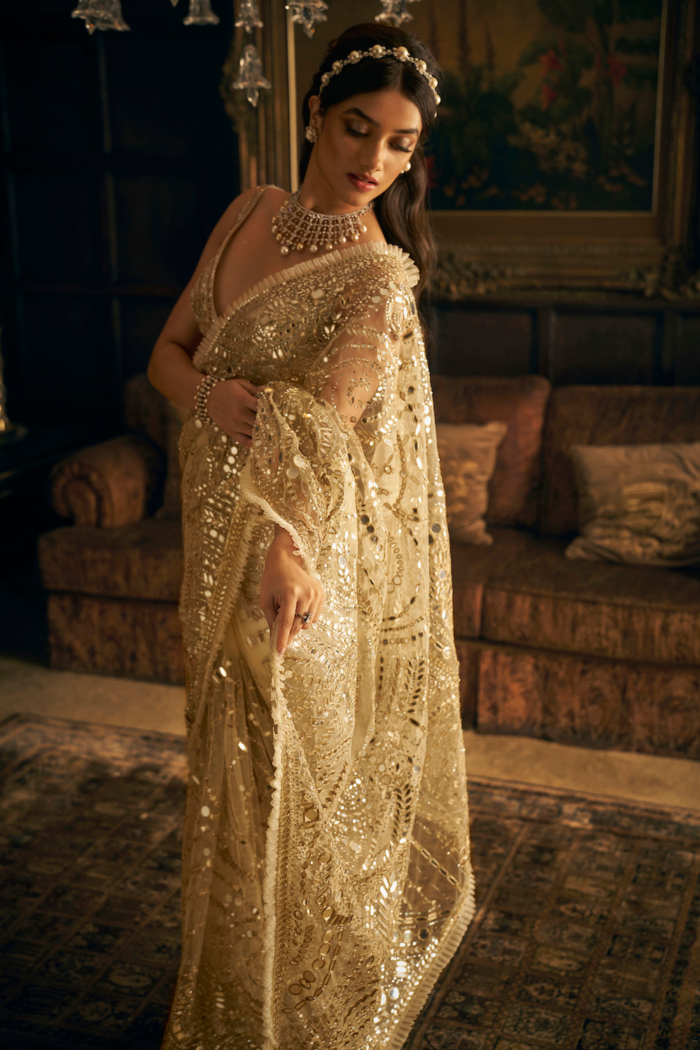 Cream Gold Mirror Work Saree