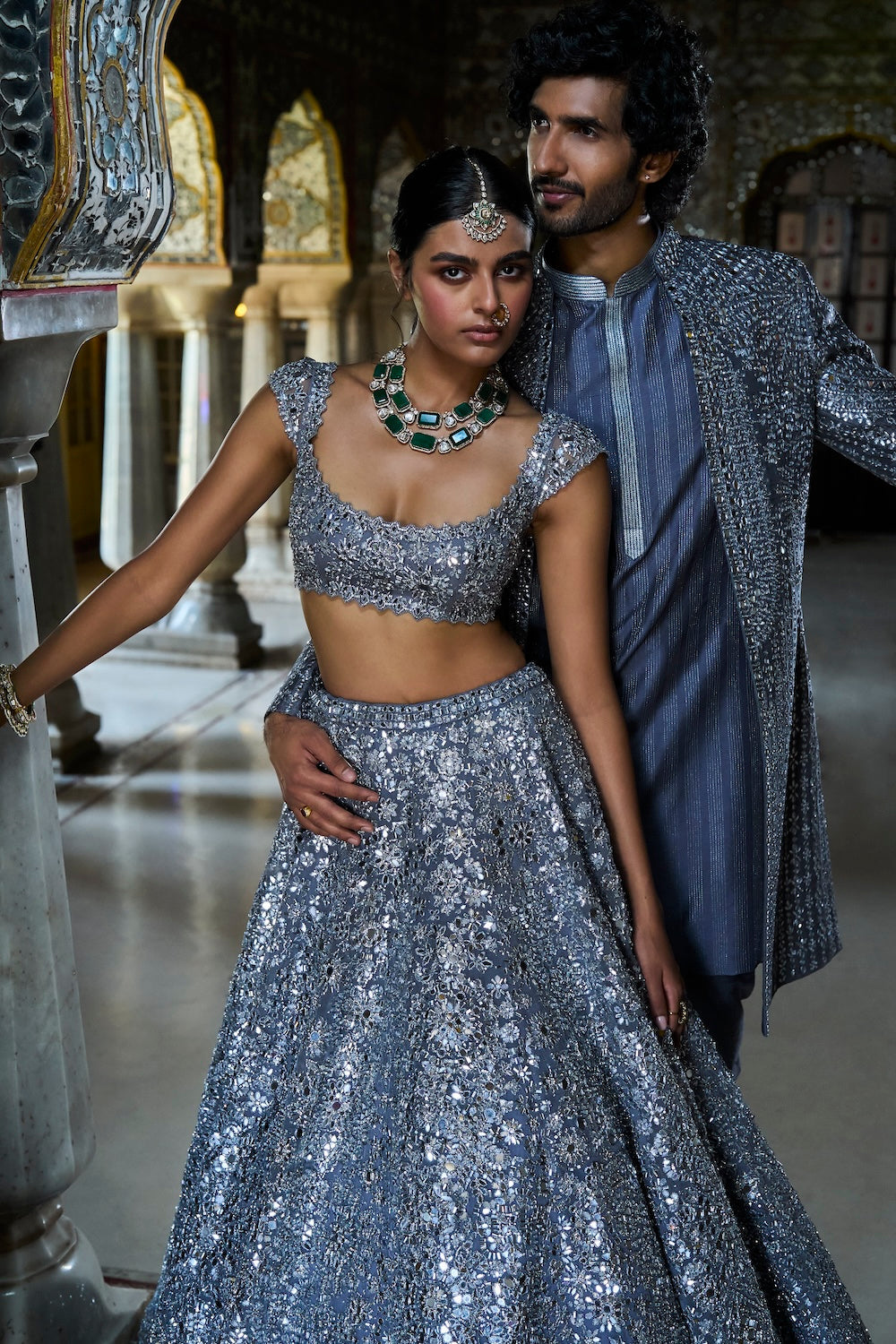 Steel Grey Mirror Work Lehenga Set