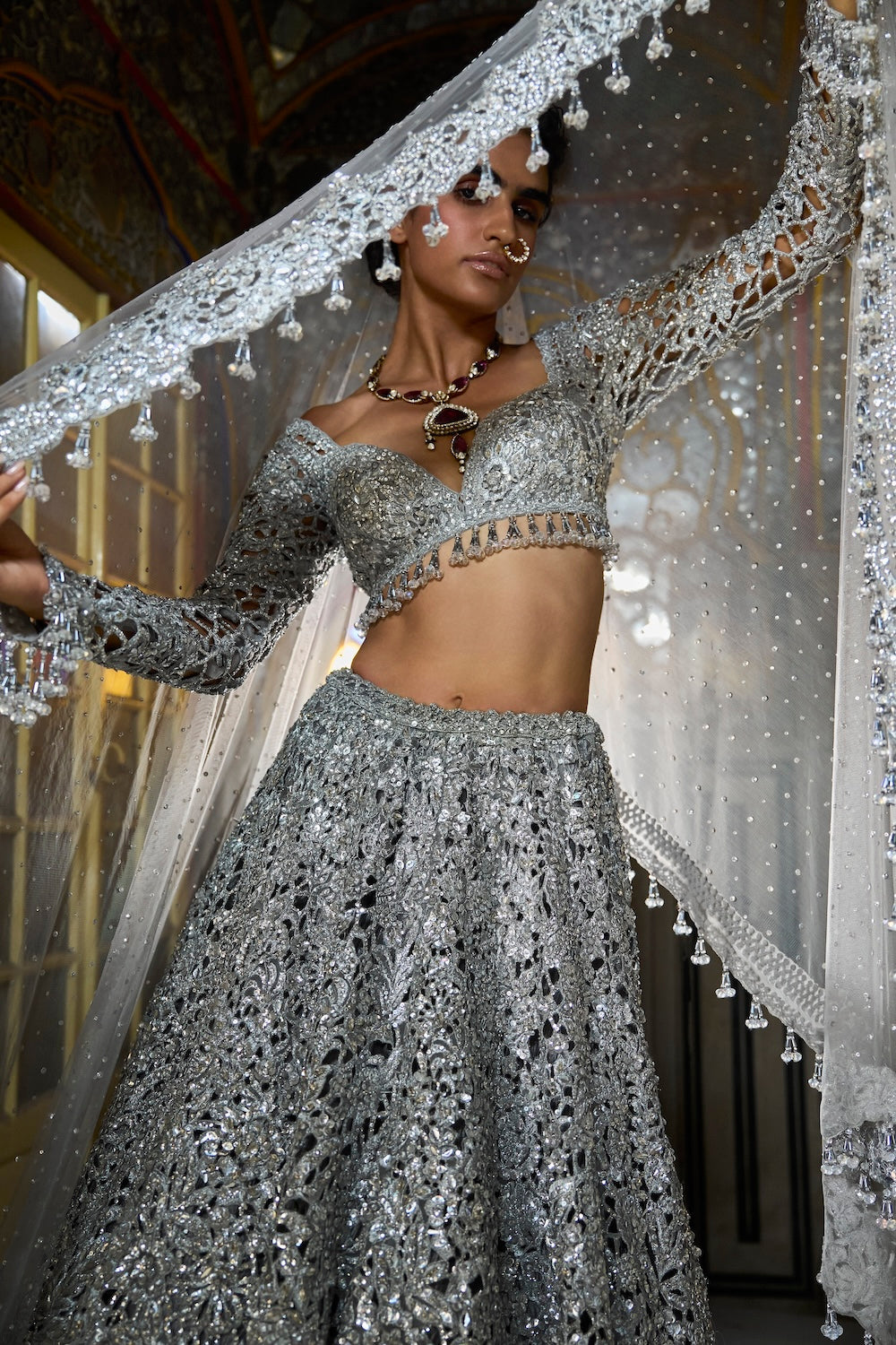 Silver Cut Work Lehenga Set