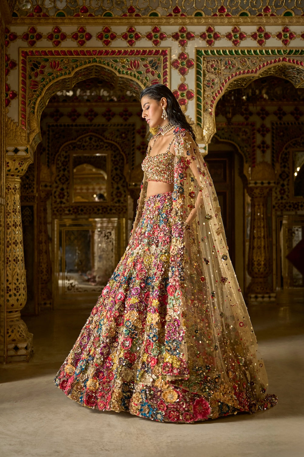 Multi-Coloured Three-Dimensional Floral Lehenga Set