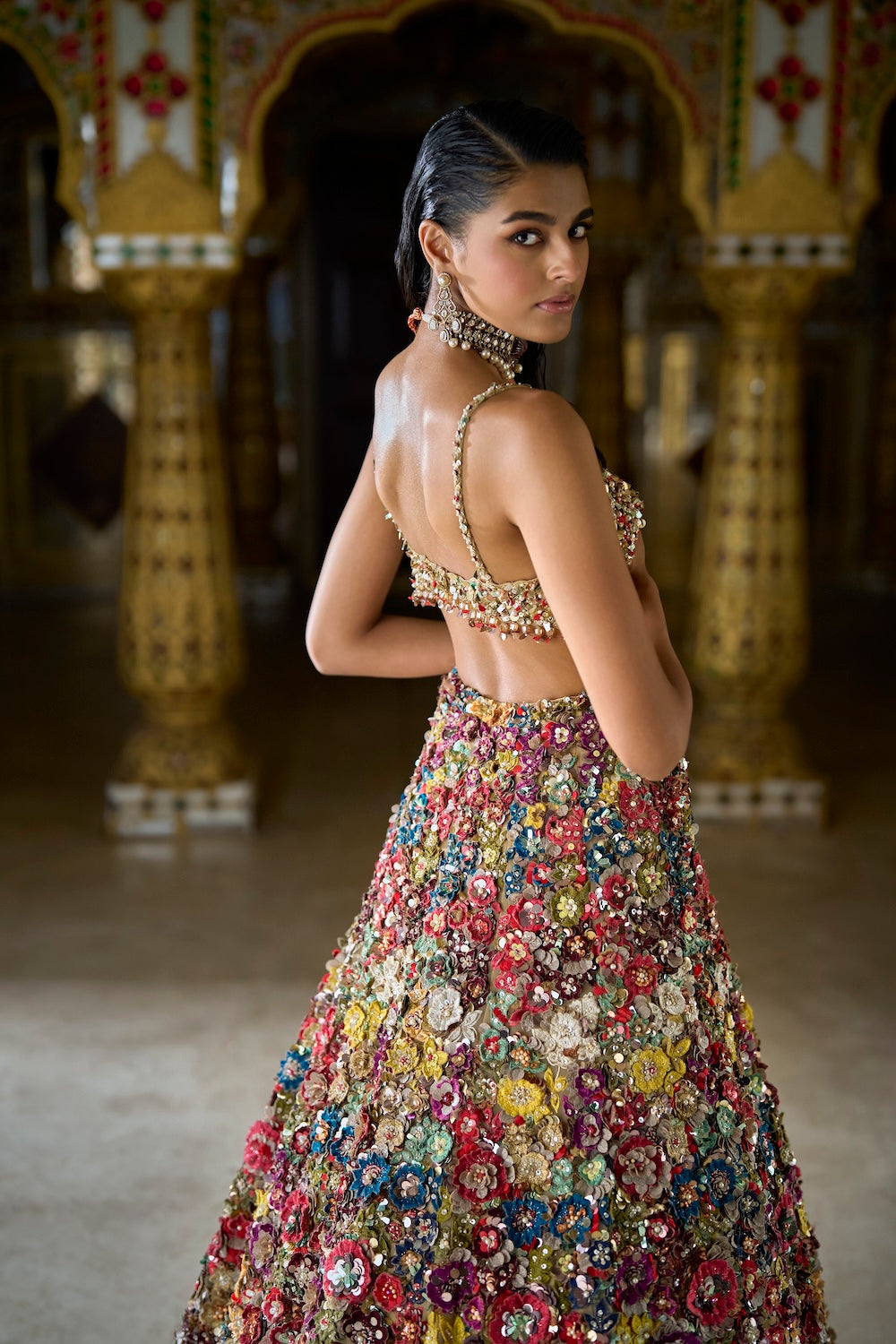 Multi-Coloured Three-Dimensional Floral Lehenga Set