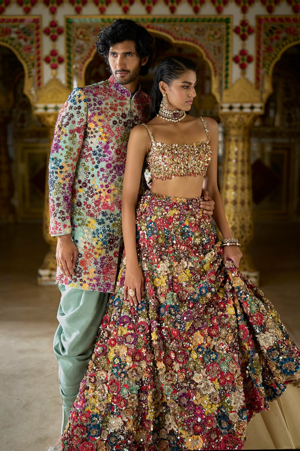 Multi-Coloured Three-Dimensional Floral Lehenga Set