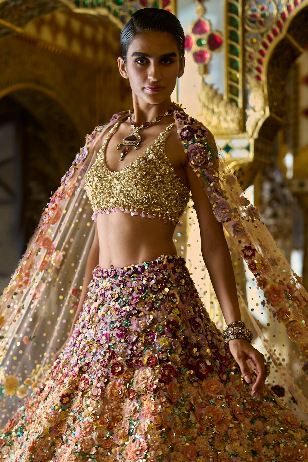 Ombre Multi-Coloured Three-Dimensional Floral Lehenga Set