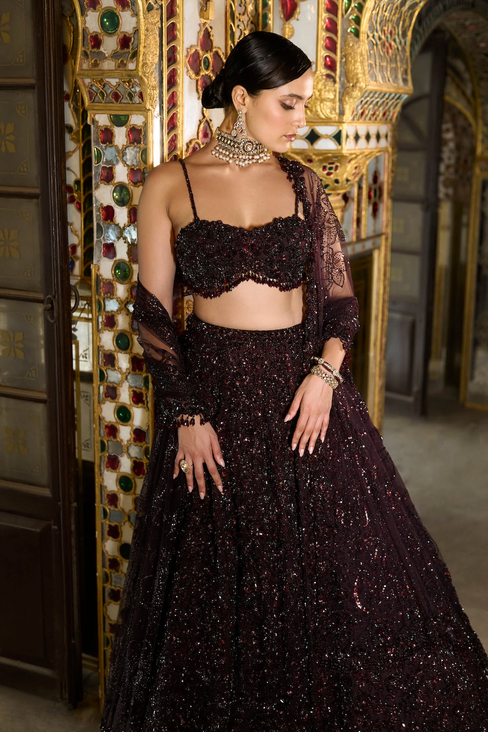 Wine Sequin Lehenga Set